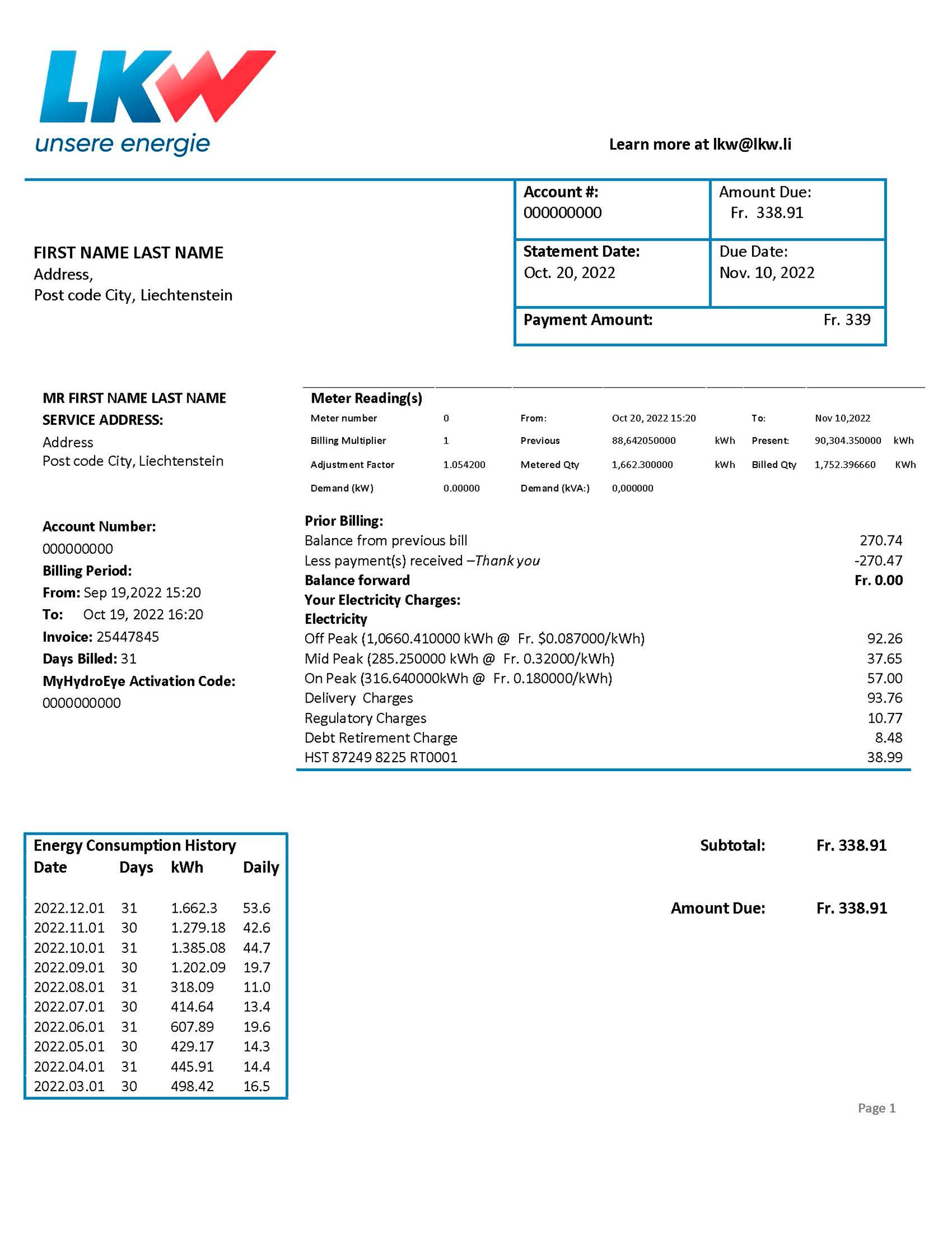 Liechtenstein utility bill template