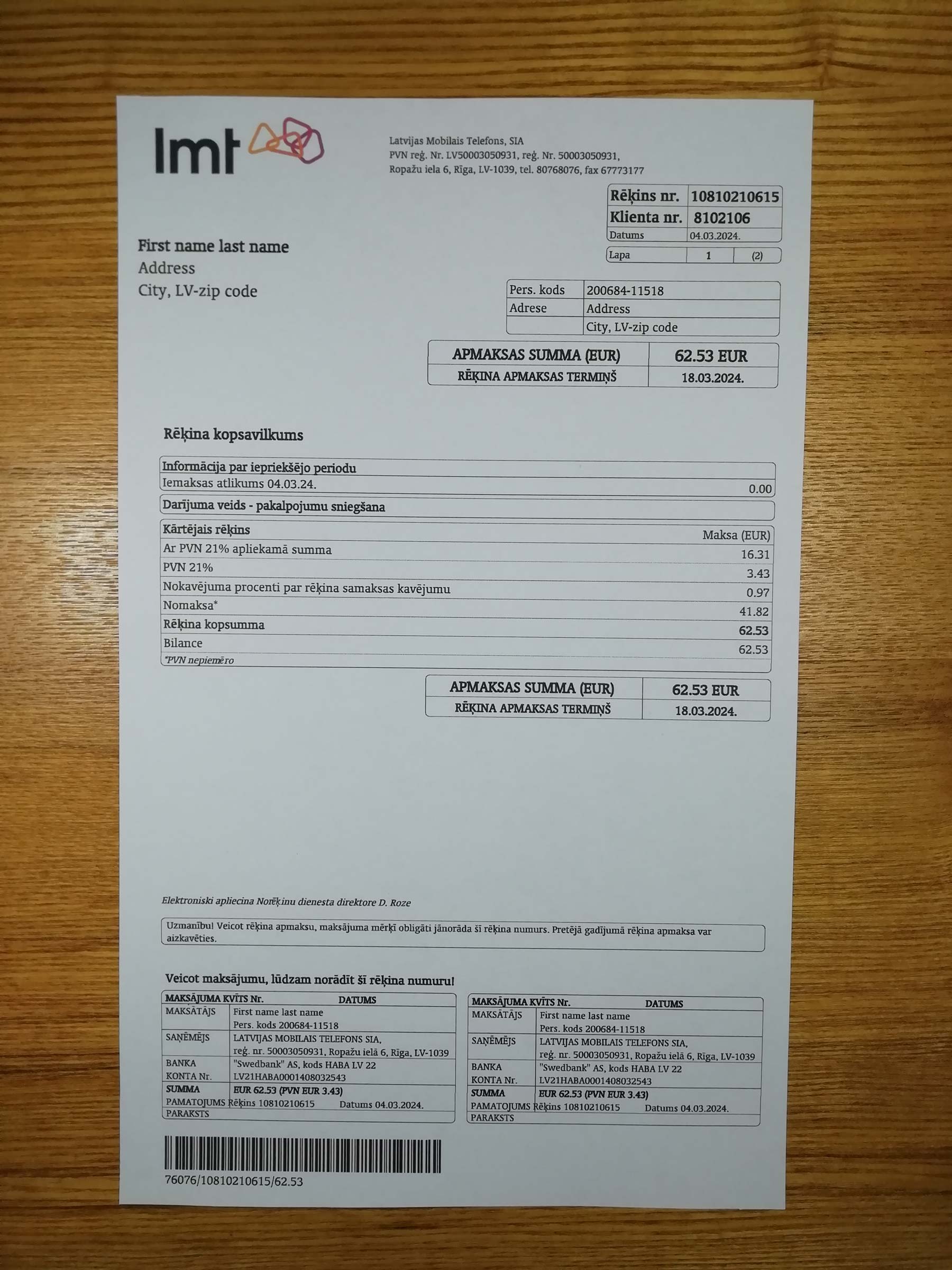 Latvia printed Imt bill from {State} – proof of address example