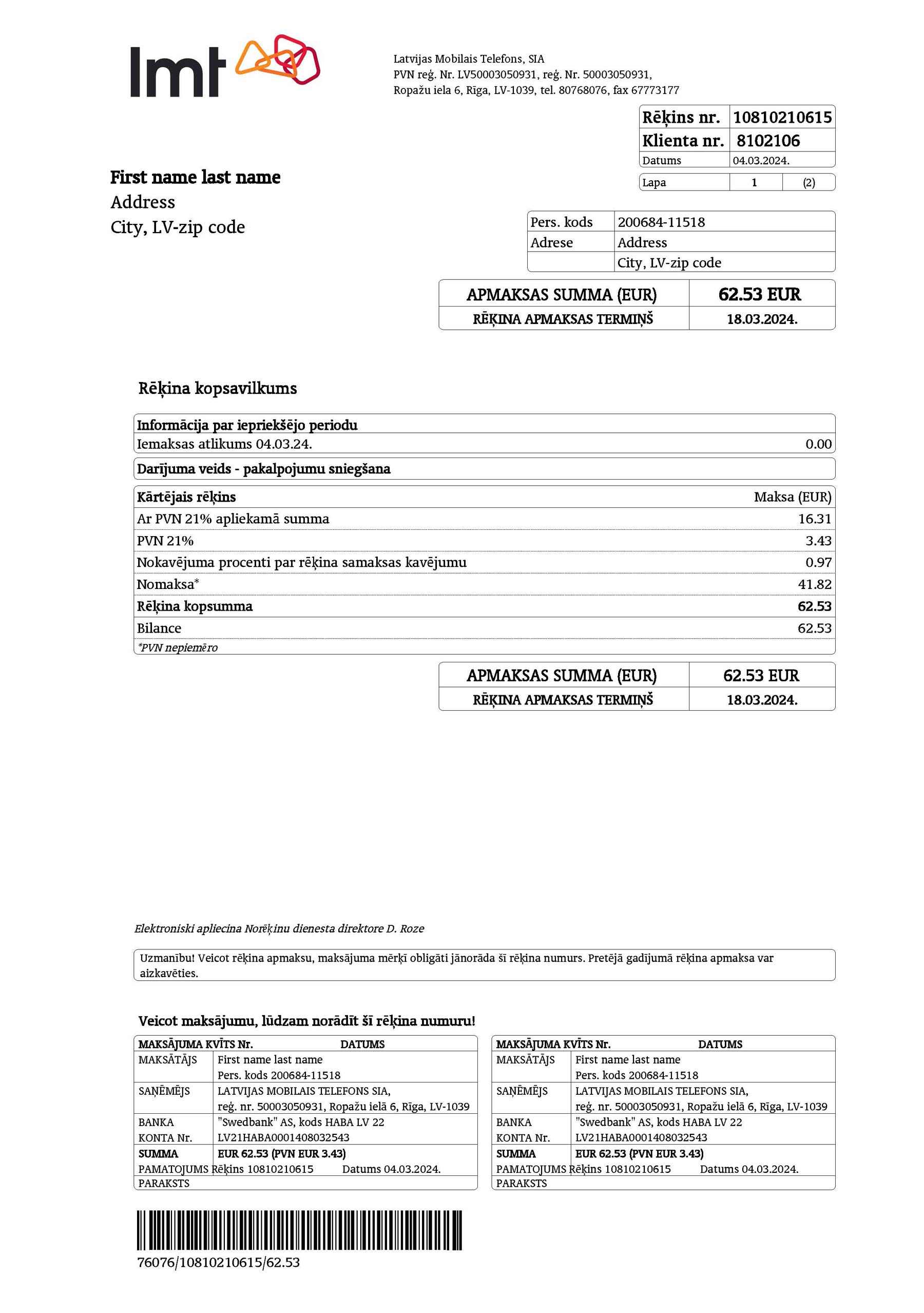 Latvia Editable {utility type} bill template – {State} Imt sample in PDF