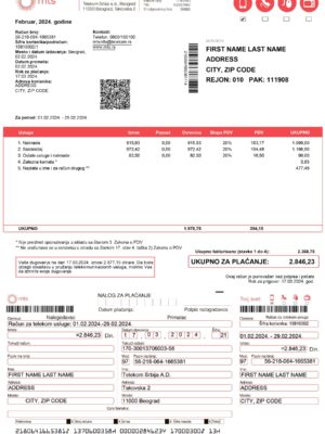 Phone bill Serbia Editable {utility type} bill template – {State} MTS sample in PDF