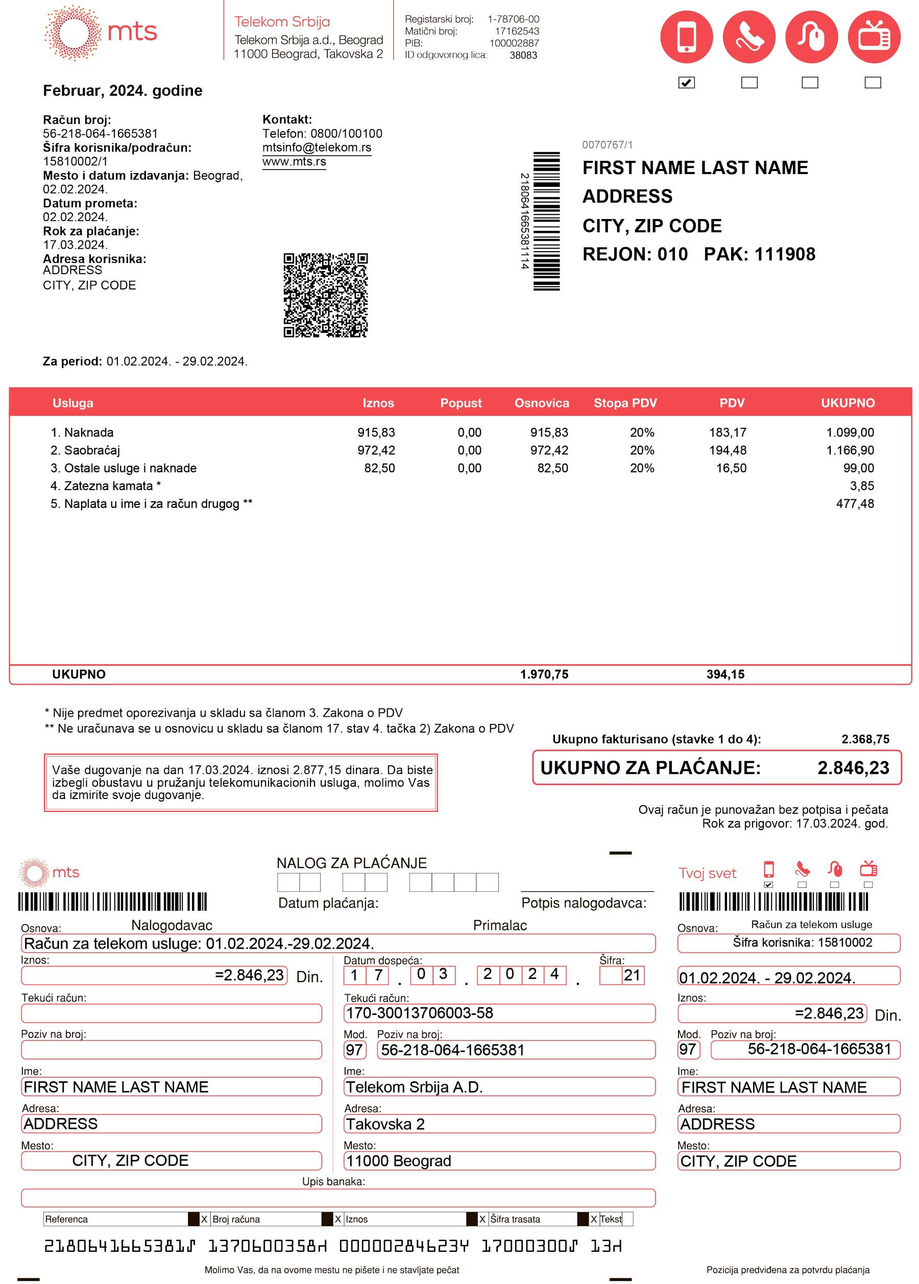 Phone bill Serbia Editable {utility type} bill template – {State} MTS sample in PDF