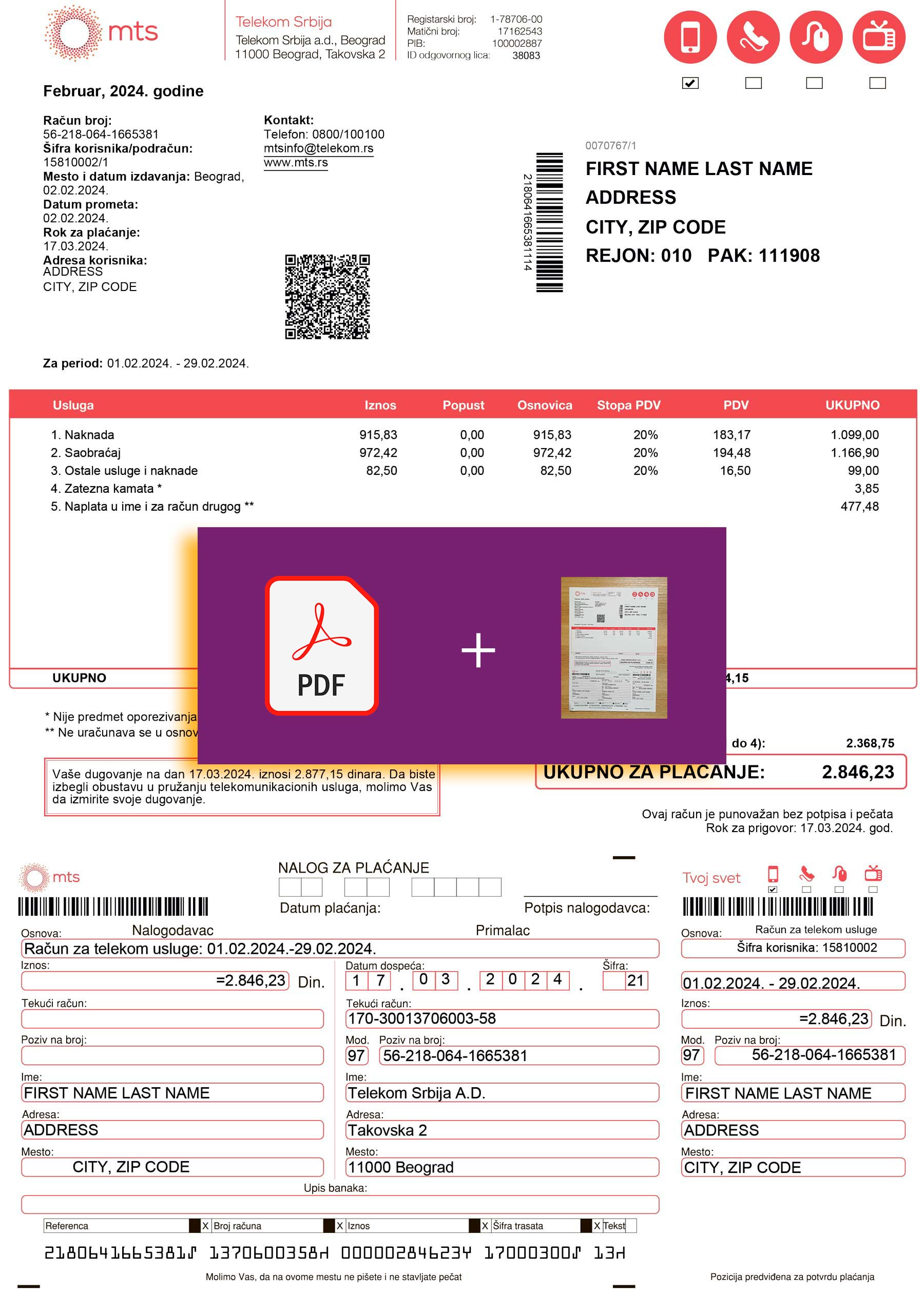 Phone bill Serbia {State} MTS bill template – includes authenticity banner