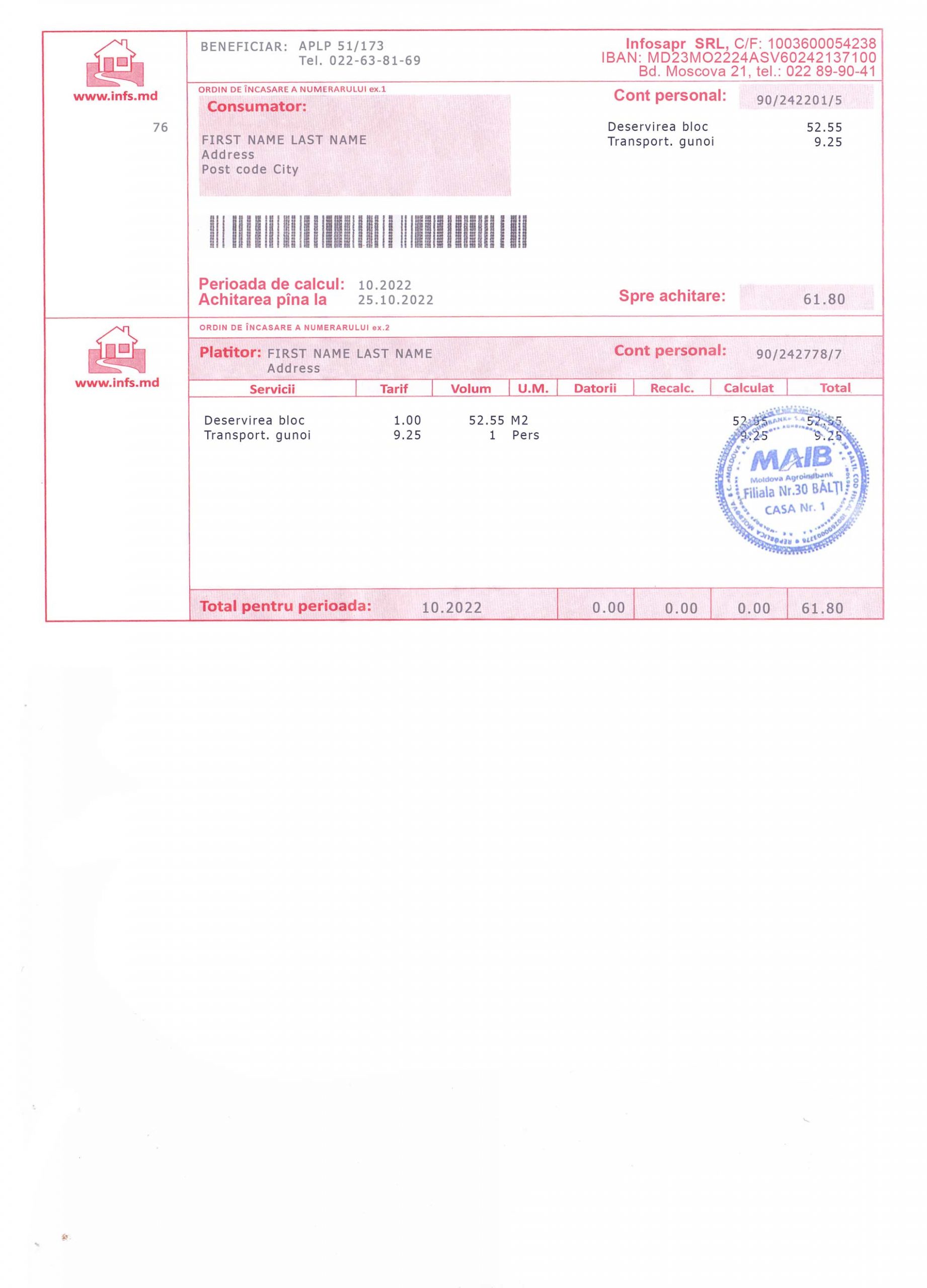 Moldova utility bill for proof of address