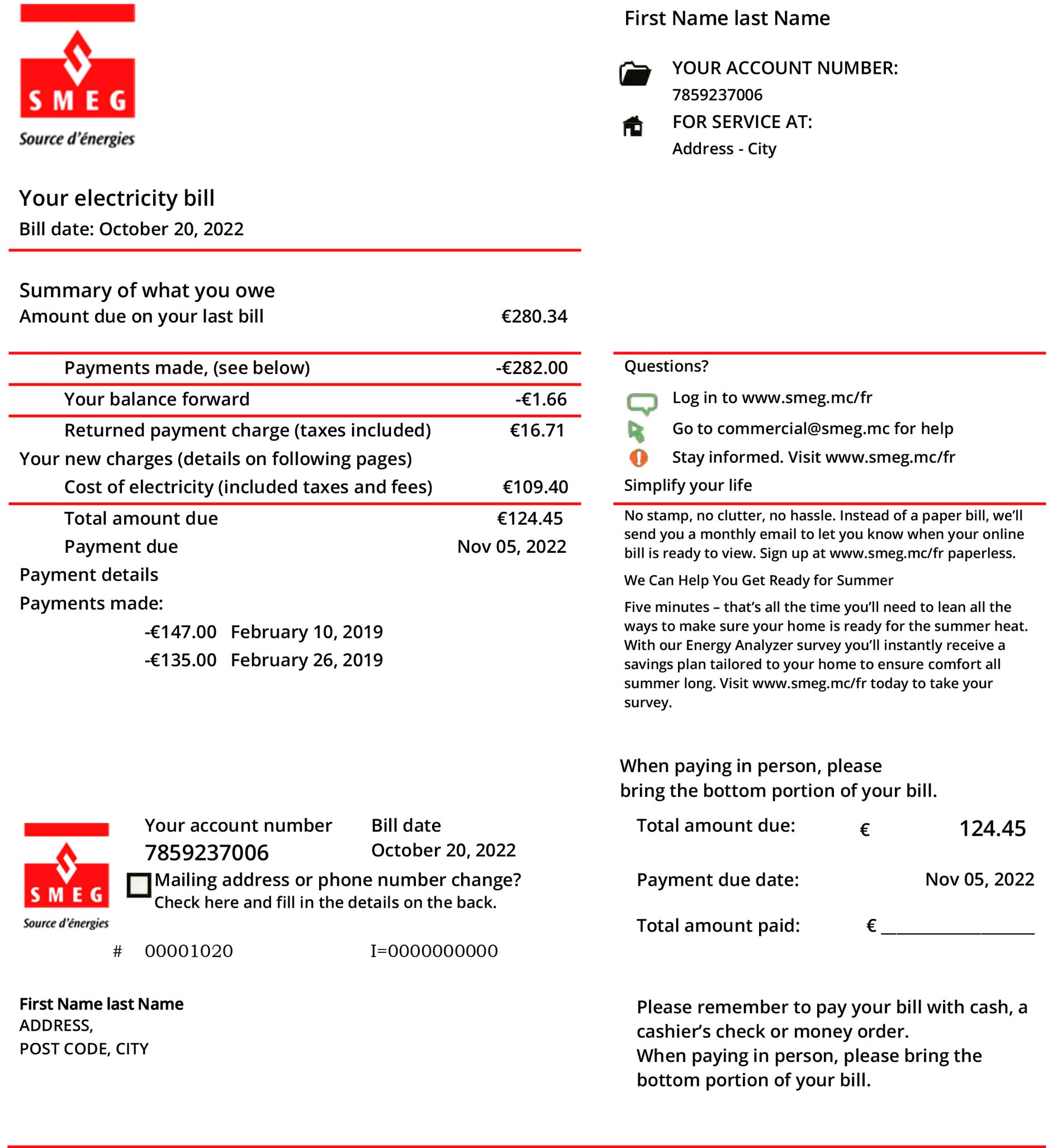 Monaco utility bill for proof of address