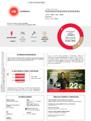 Portugal Clean layout of EDP {utility type} bill – editable {State} version