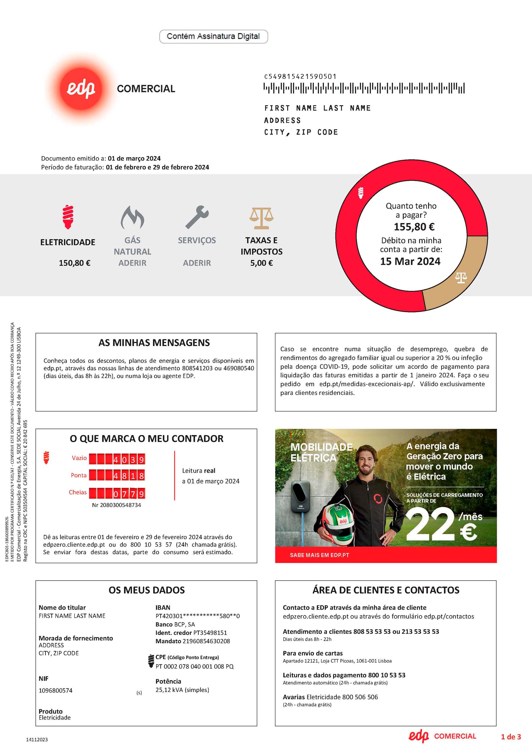 Portugal Clean layout of EDP {utility type} bill – editable {State} version