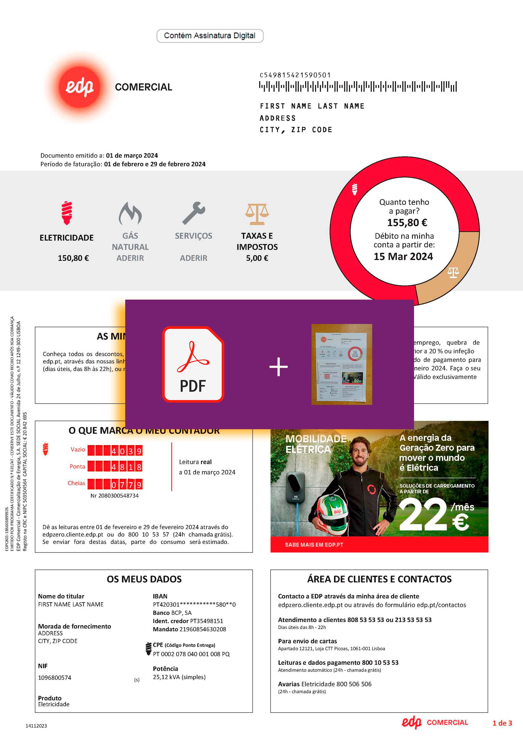 Portugal EDP document for {State} – proof-of-address label applied