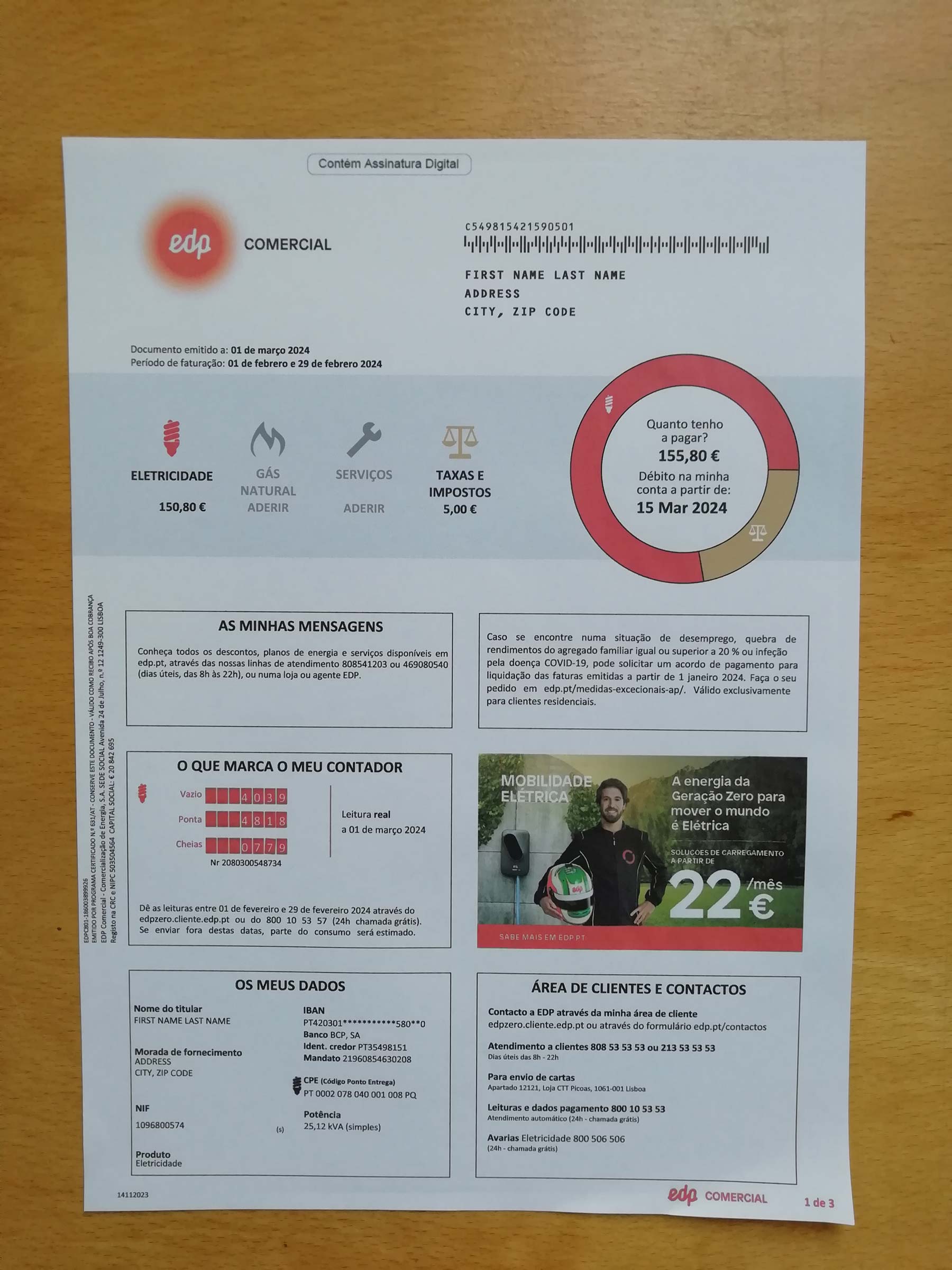 New Electricity Portugal Real photo of {State} EDP bill – physical evidence for residence