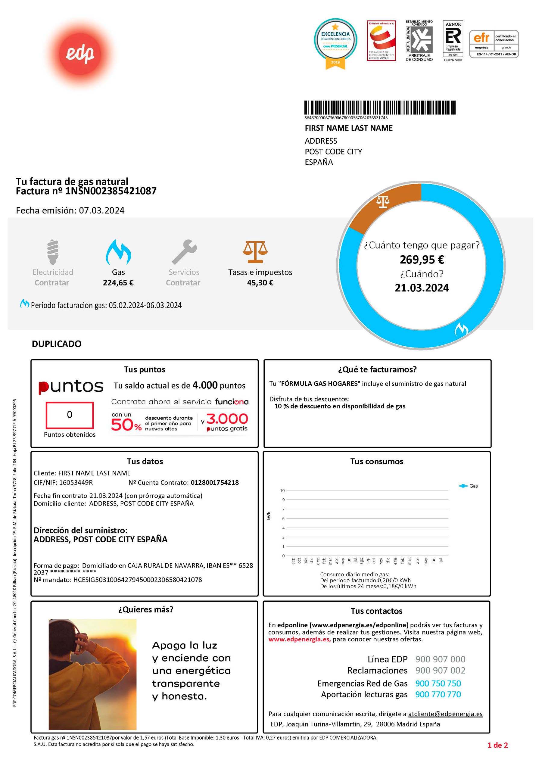 Editable electricity bill template – Spain EDP sample in PDF