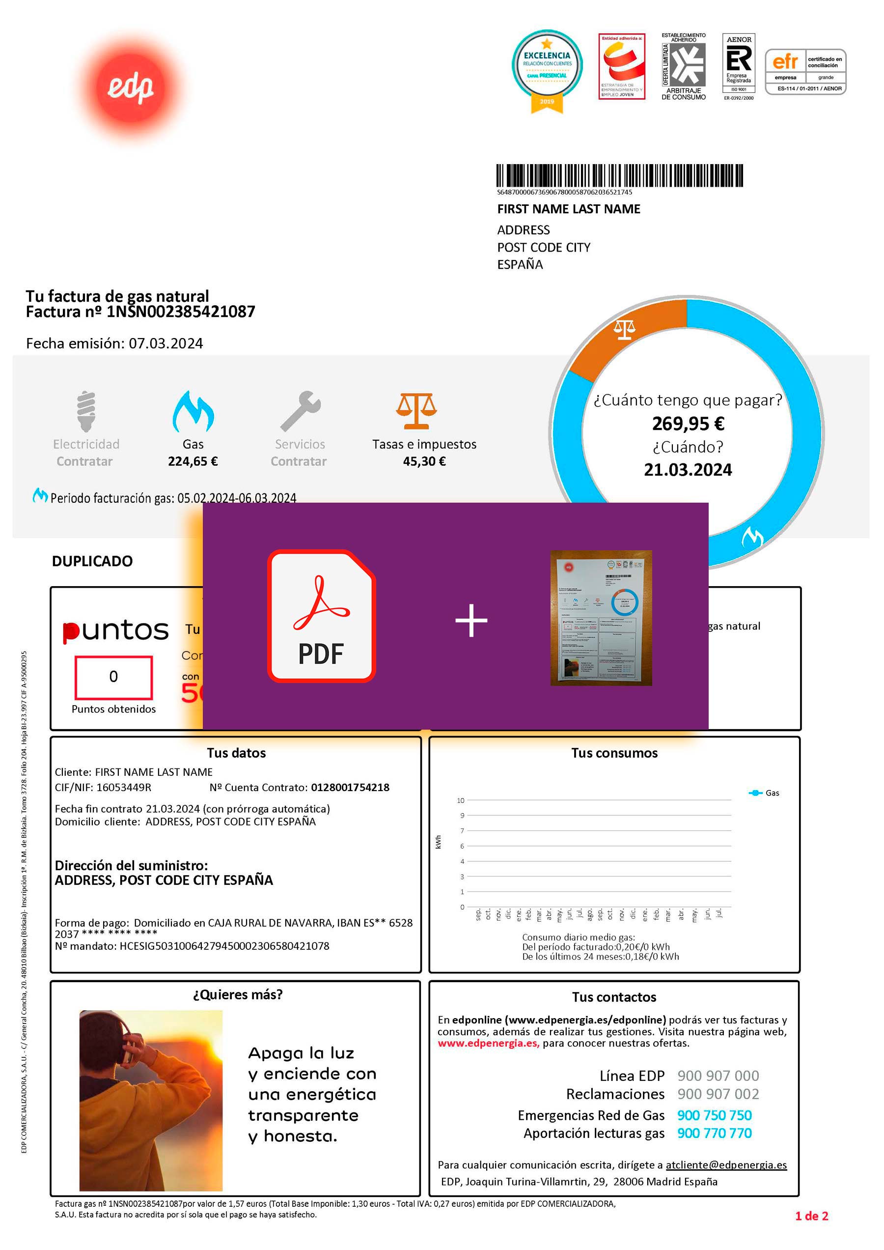EDP electricity Spain utility bill template