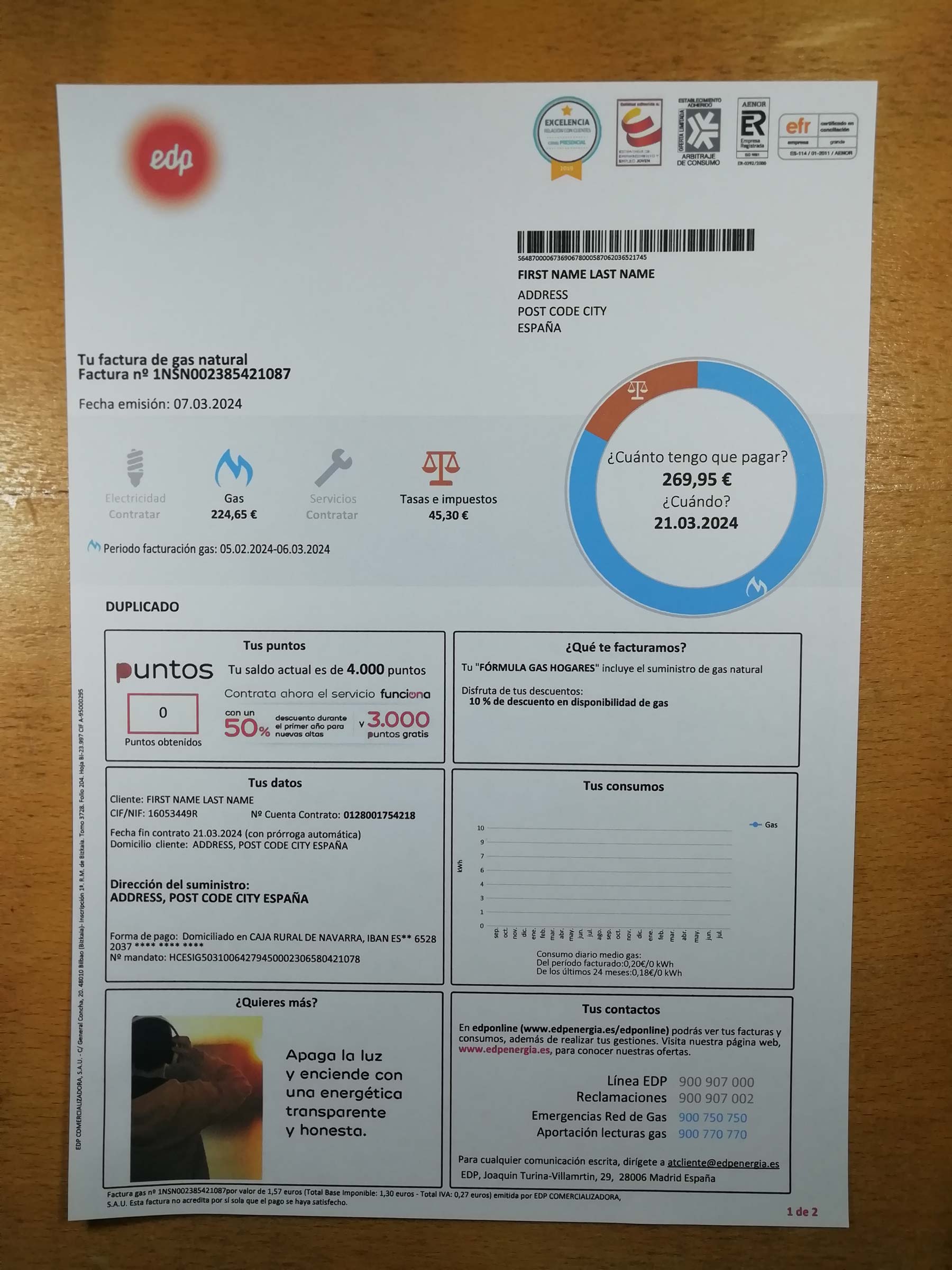 New EDP electricity Authentic printed bill from Spain – proof of address example