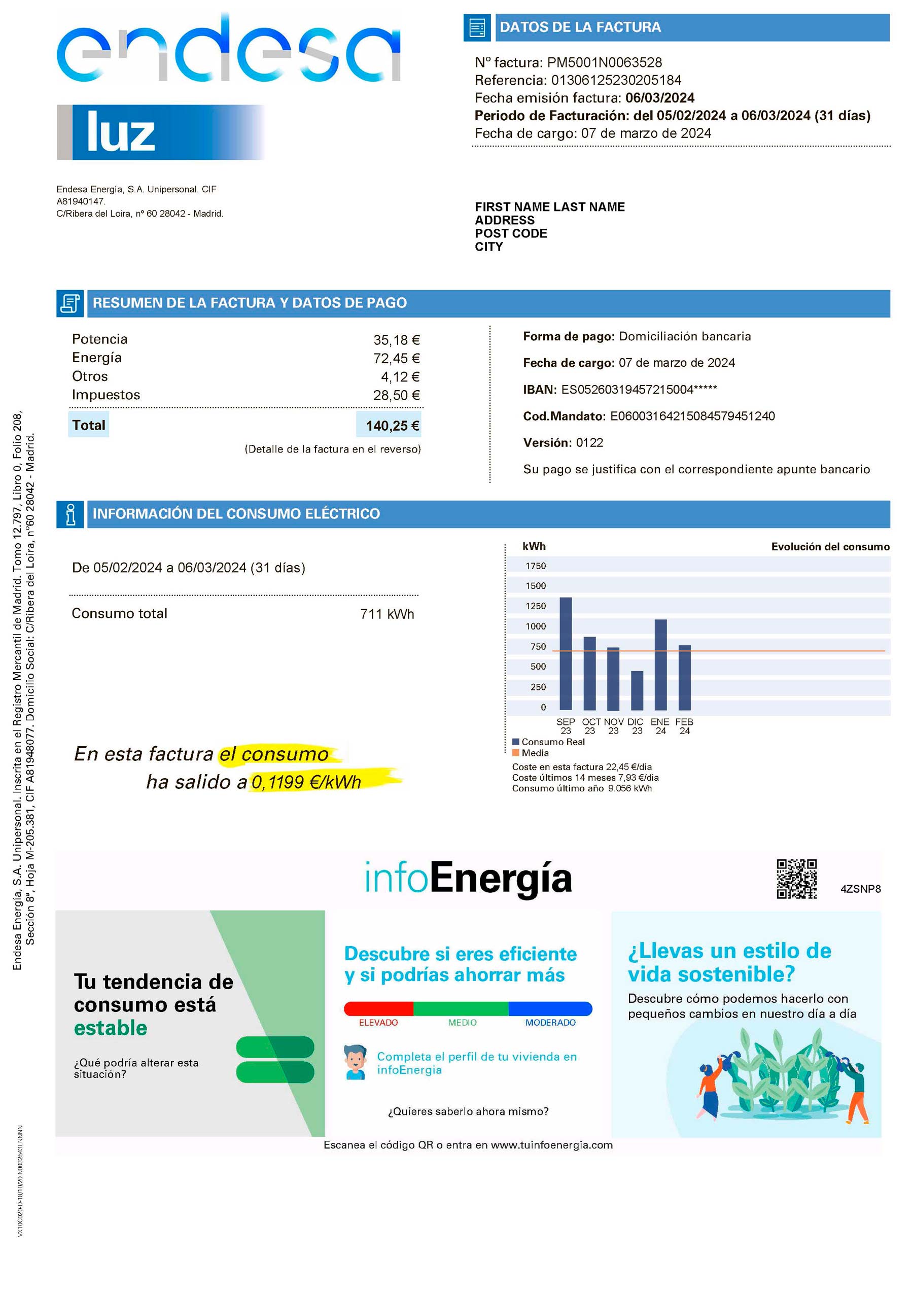 Energy Spain Endesa {utility type} statement from {State} – modifiable PDF template