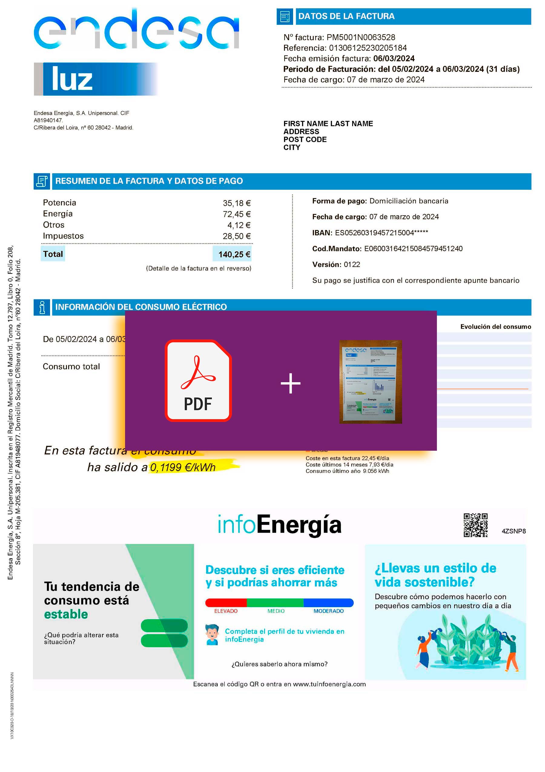 Endesa Energy Spain Downloadable {utility type} bill from Endesa, {State} – banner included