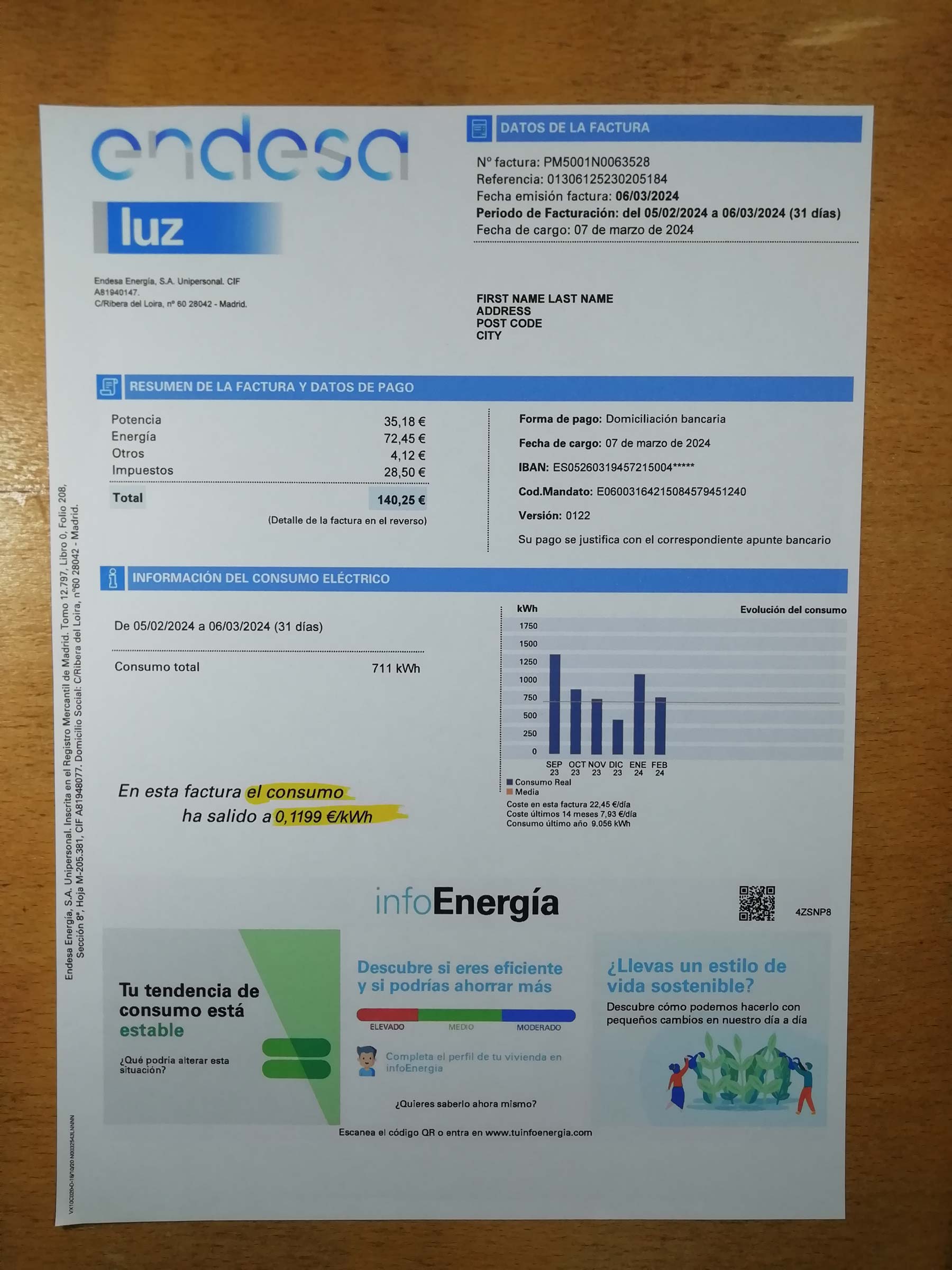 New Endesa Energy Spain Printed {State} Endesa utility bill – real photo for document verification