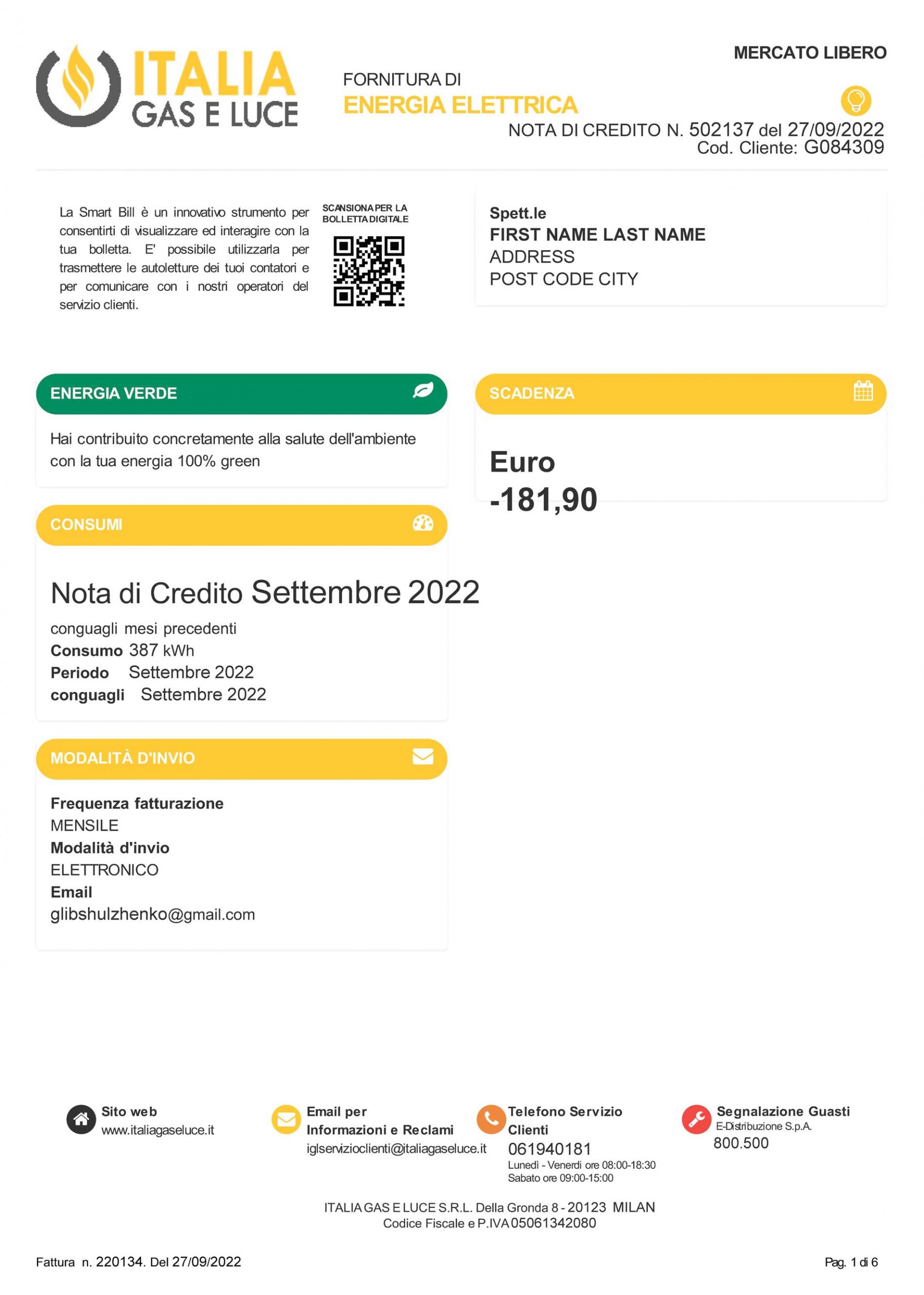 Italia utility bill for proof of address