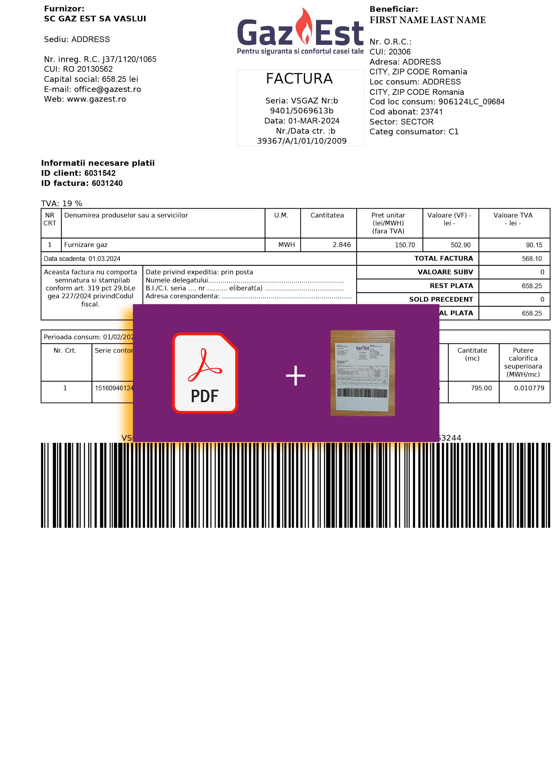Romania Downloadable {utility type} bill from Gaz Est, {State} – banner included