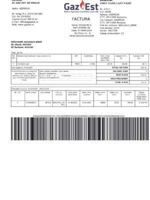 Romania Gaz Est {utility type} statement from {State} – modifiable PDF template