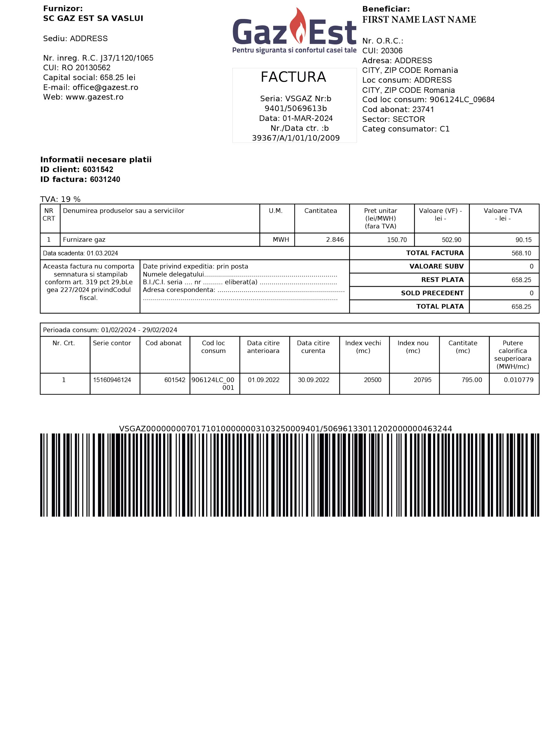 Romania Gaz Est {utility type} statement from {State} – modifiable PDF template