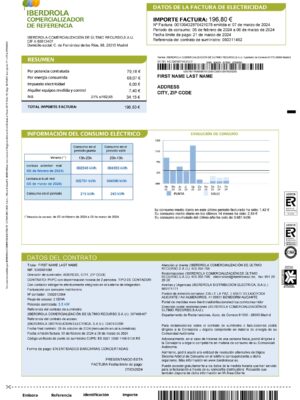 Spain Editable {utility type} bill template – {State} IBERDROLA sample in PDF