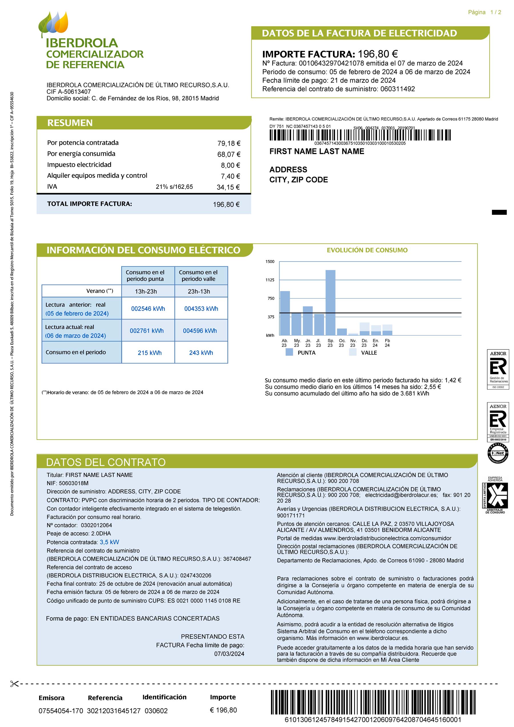 Spain Editable {utility type} bill template – {State} IBERDROLA sample in PDF