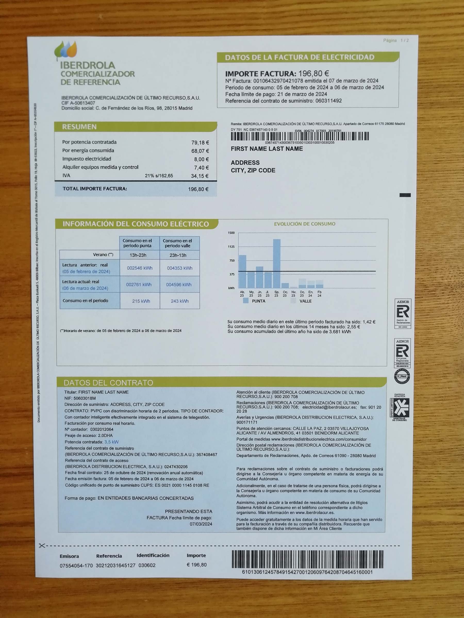 Spain IBERDROLA bill printed and photographed – address proof from {State}