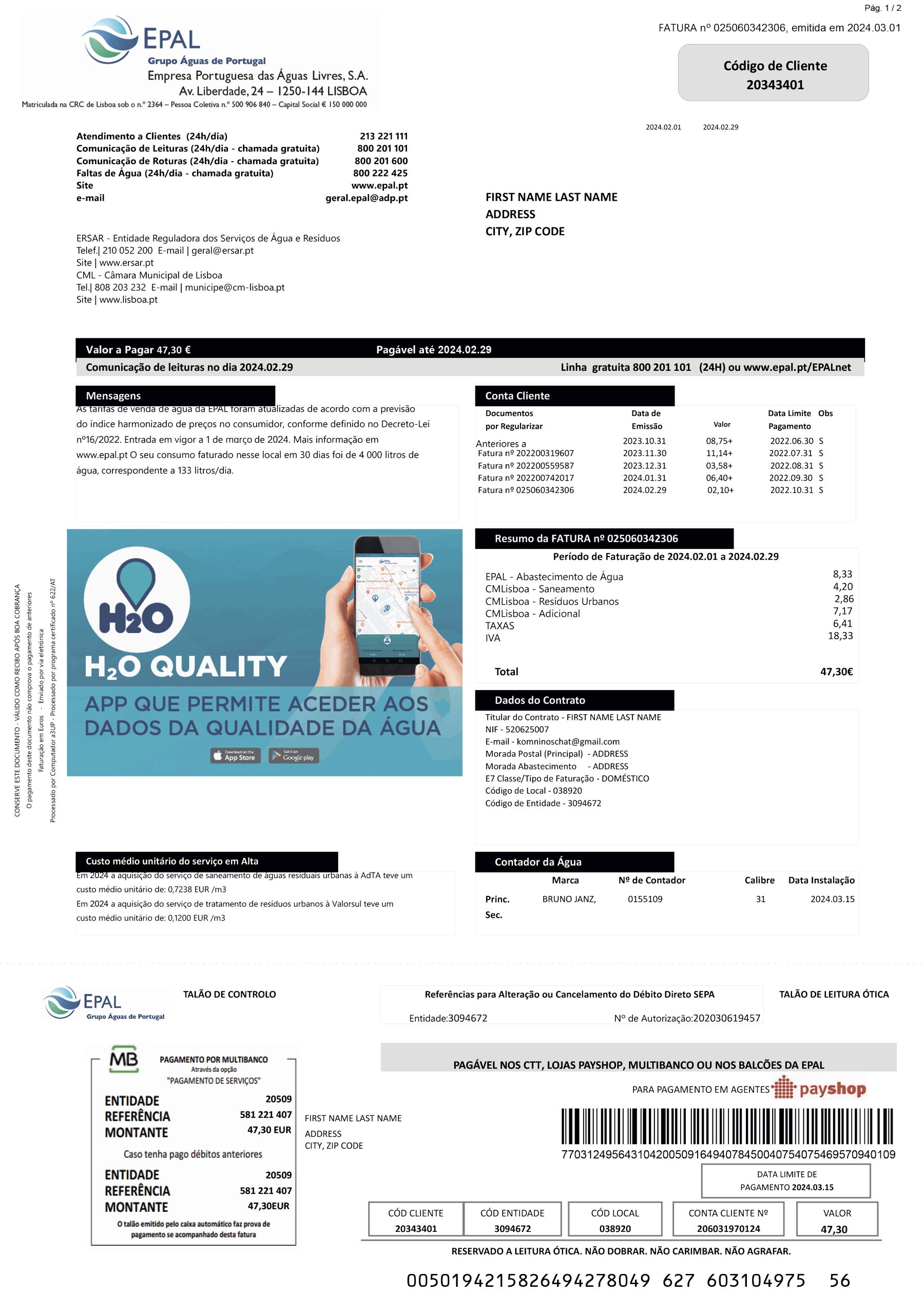 water Portugal Epal utility bill from {State} – customizable PDF for address proof