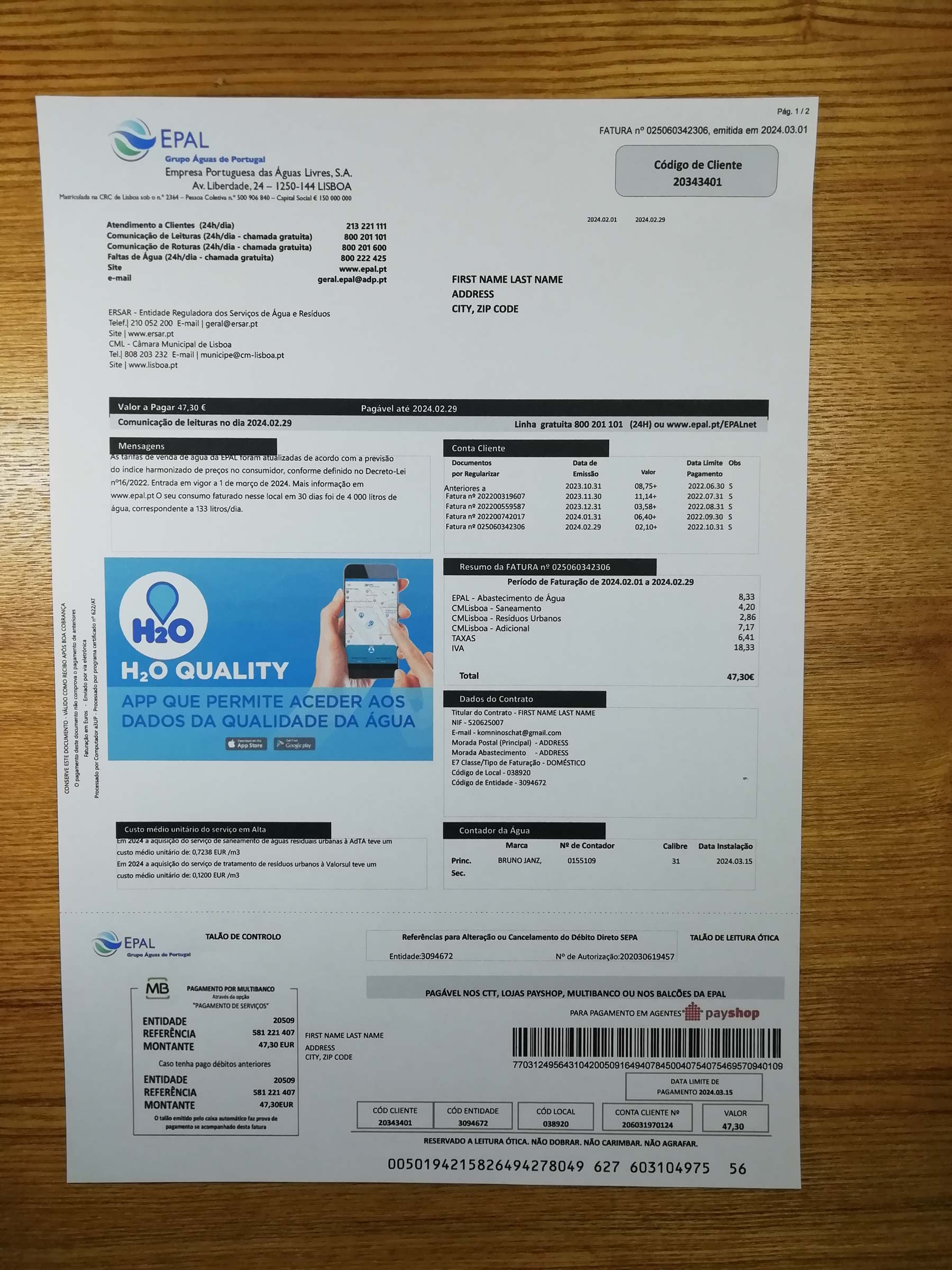 Portugal Visual example of printed Epal utility bill in {State}