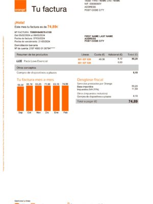 Phone Spain Clean layout of Orange {utility type} bill – editable {State} version