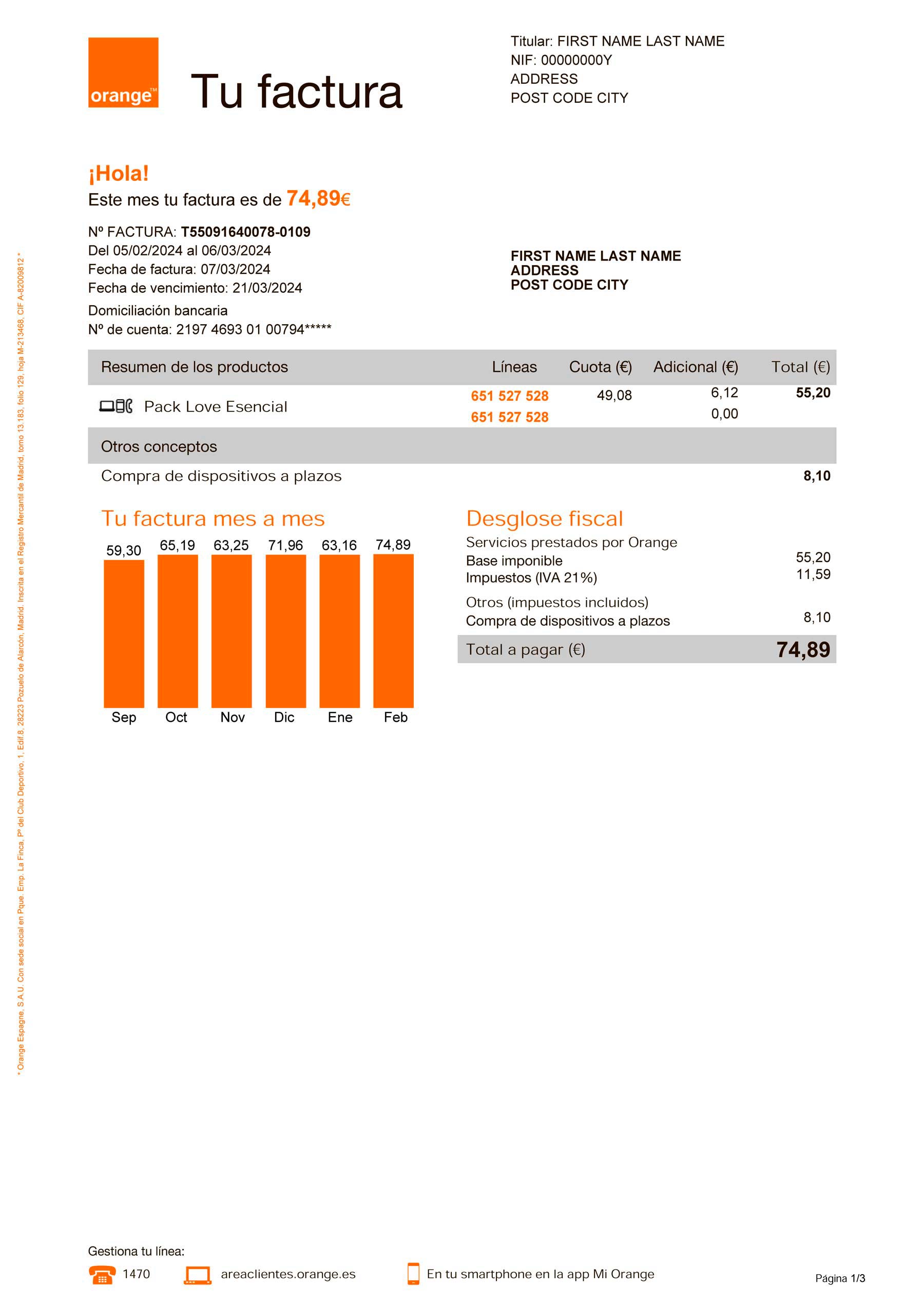 Phone Spain Clean layout of Orange {utility type} bill – editable {State} version