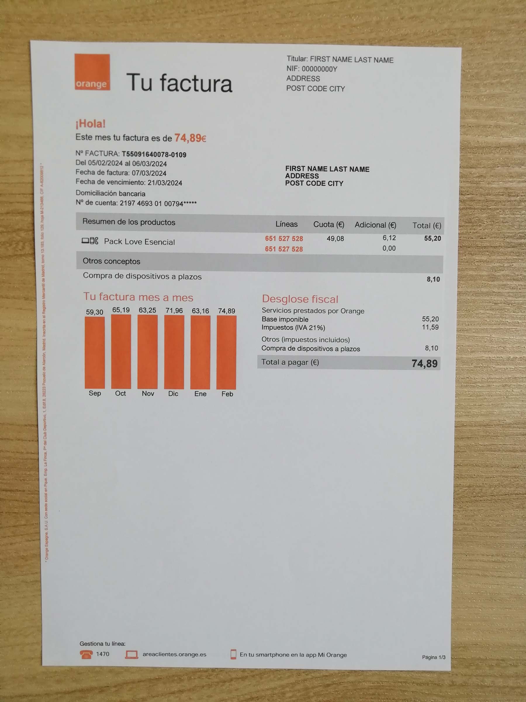 New Orange Phone Spain Visual example of printed Orange utility bill in {State}