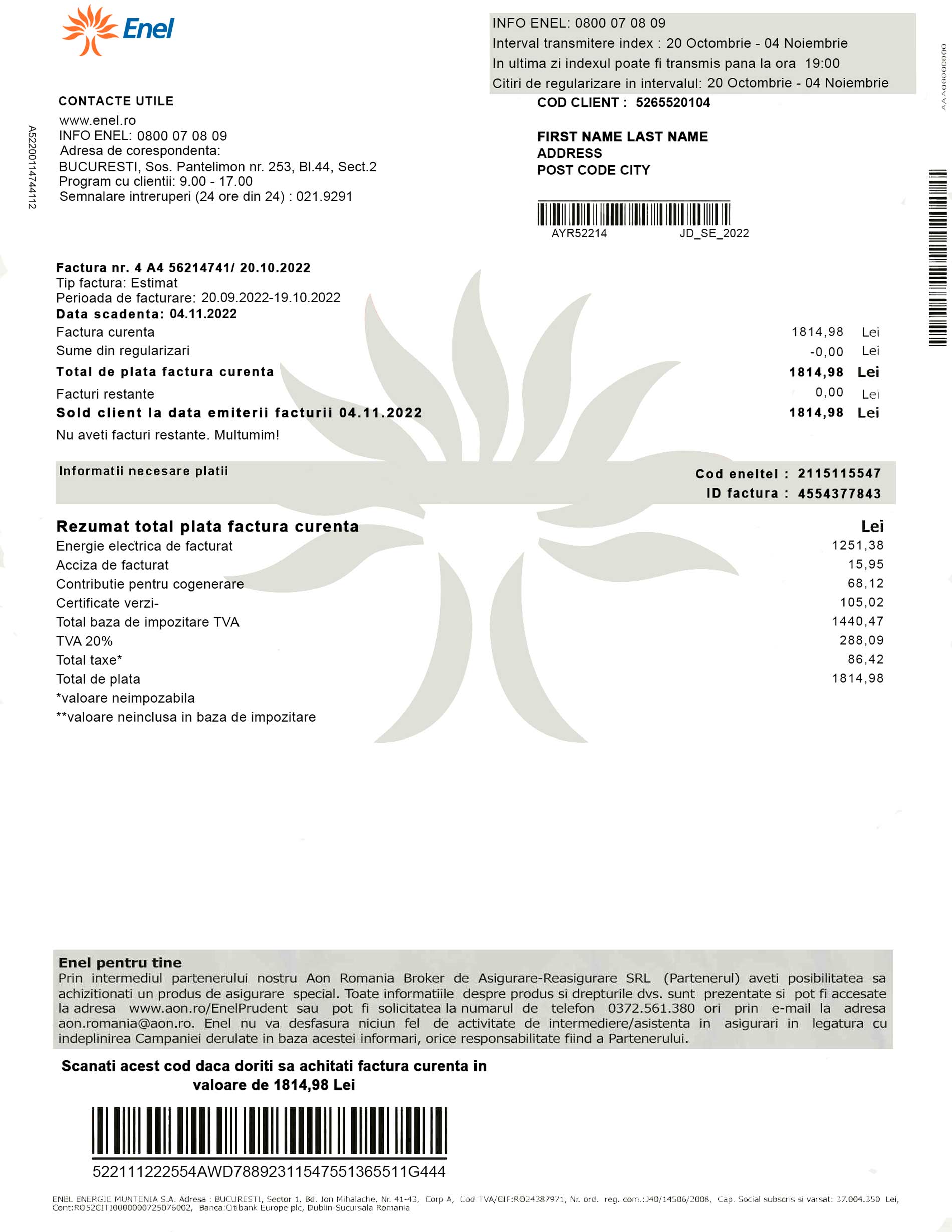 Romania utility bill for proof of address