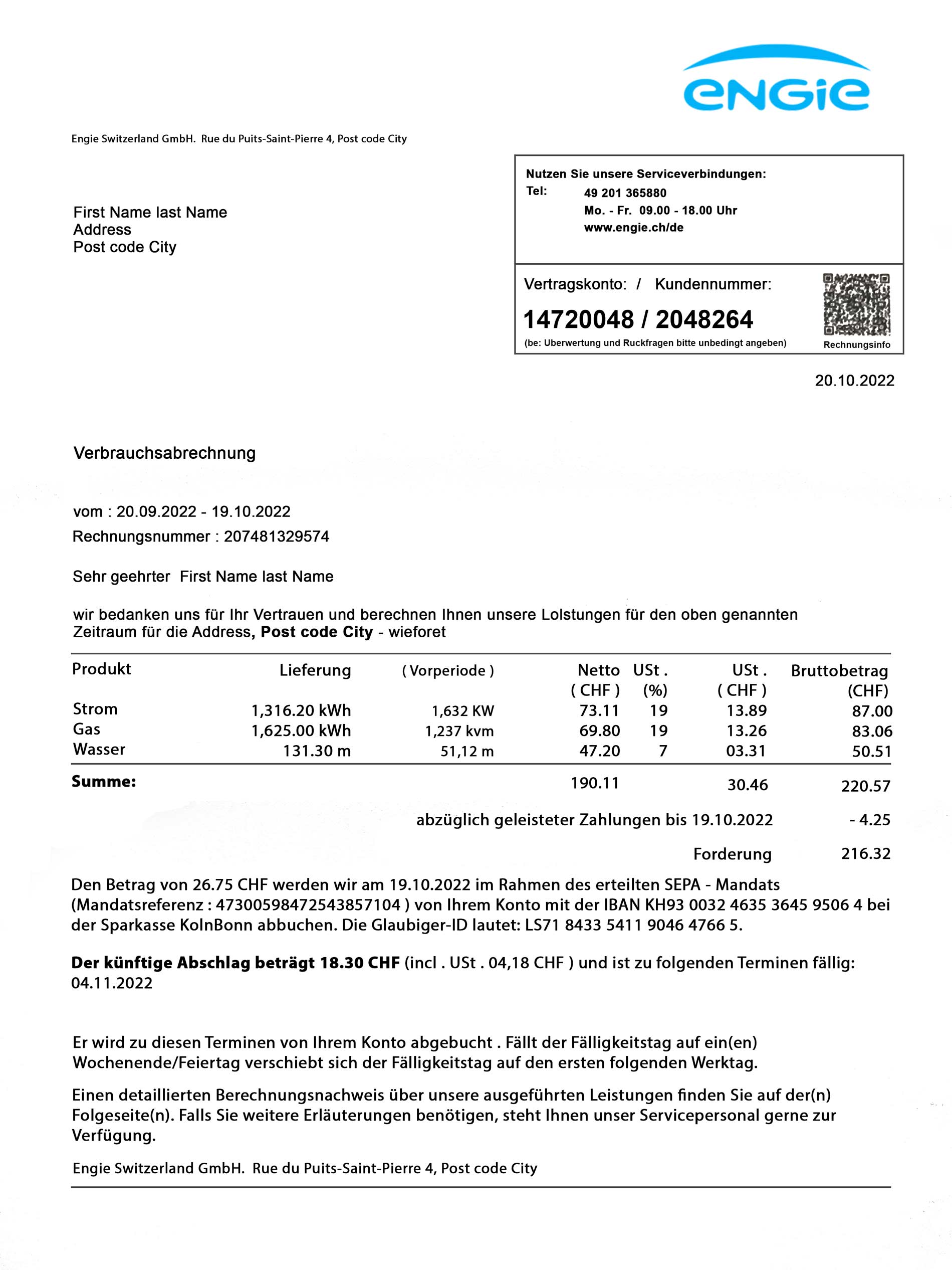 Switzerland Make utility bill template