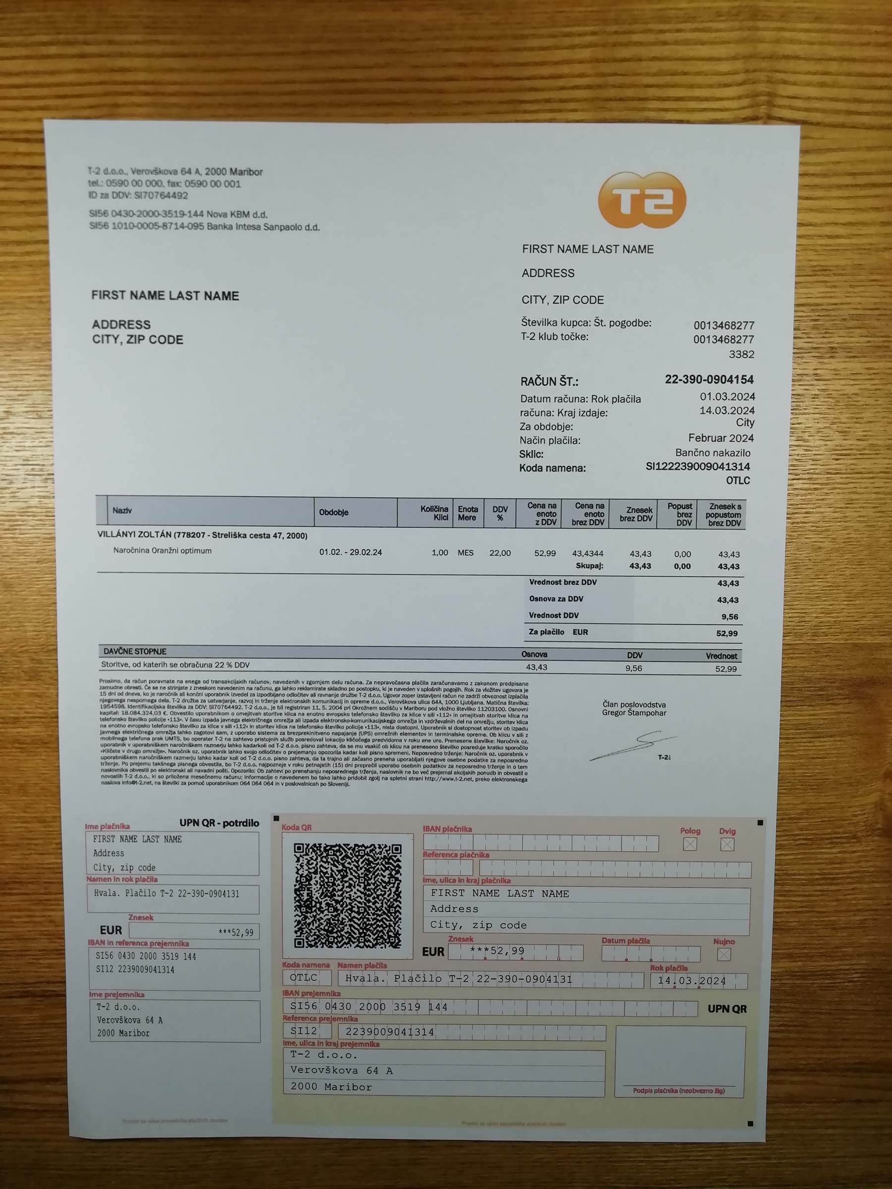Slovenia Real photo of {State} T2 bill – physical evidence for residence