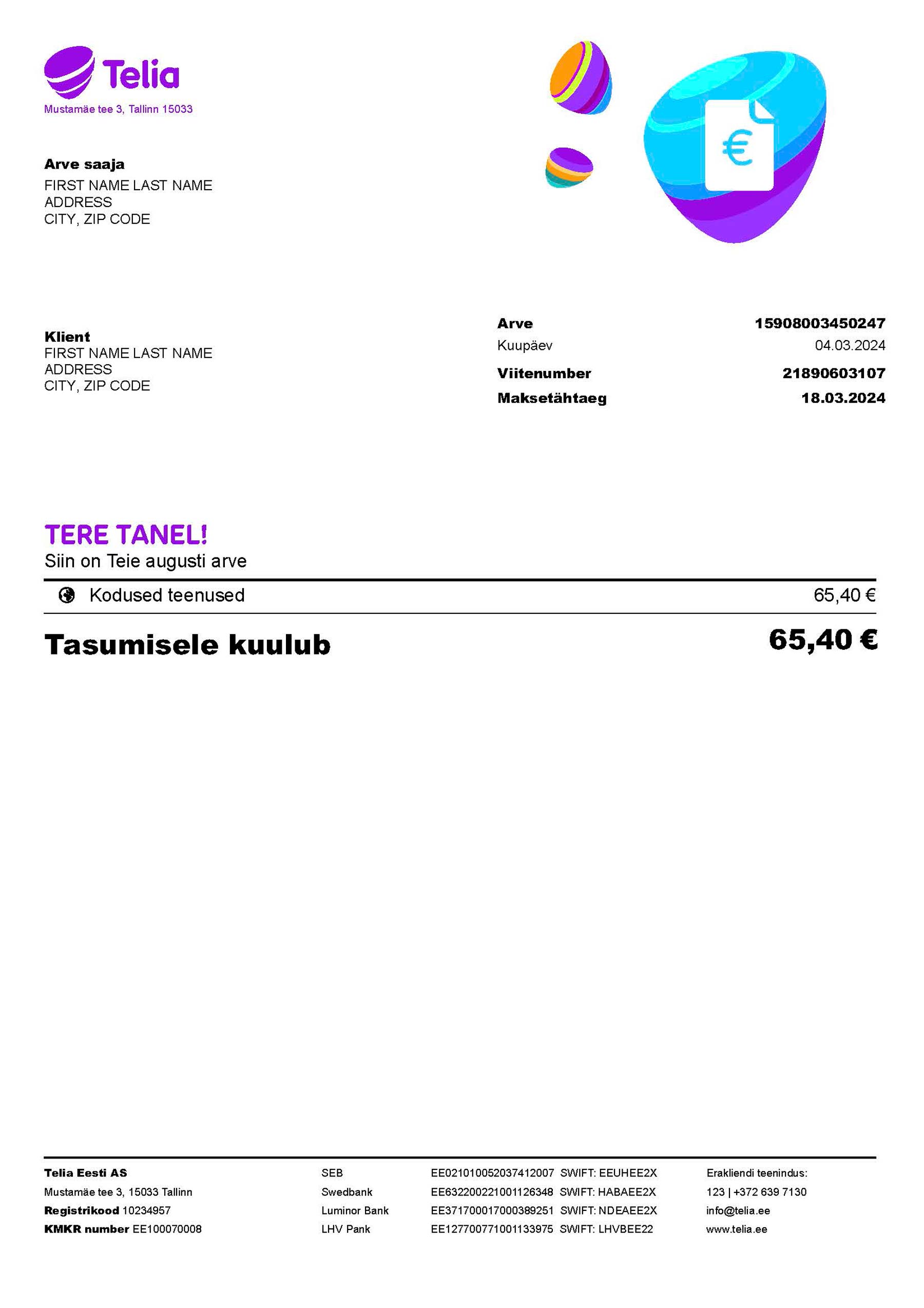 Editable {utility type} bill template – Estonia Telia sample in PDF