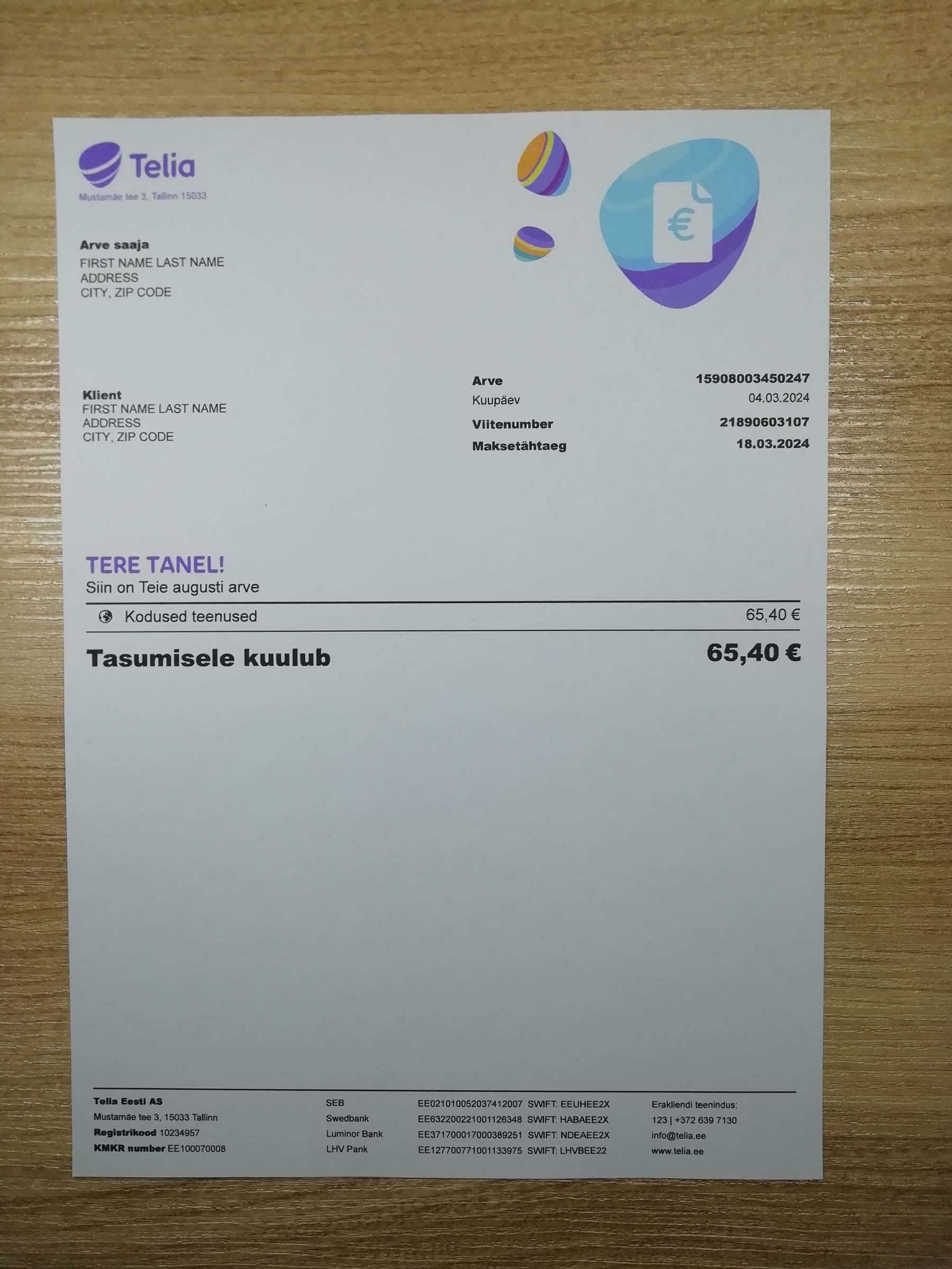 Telia Estonia Printed utility bill – real photo for document verification