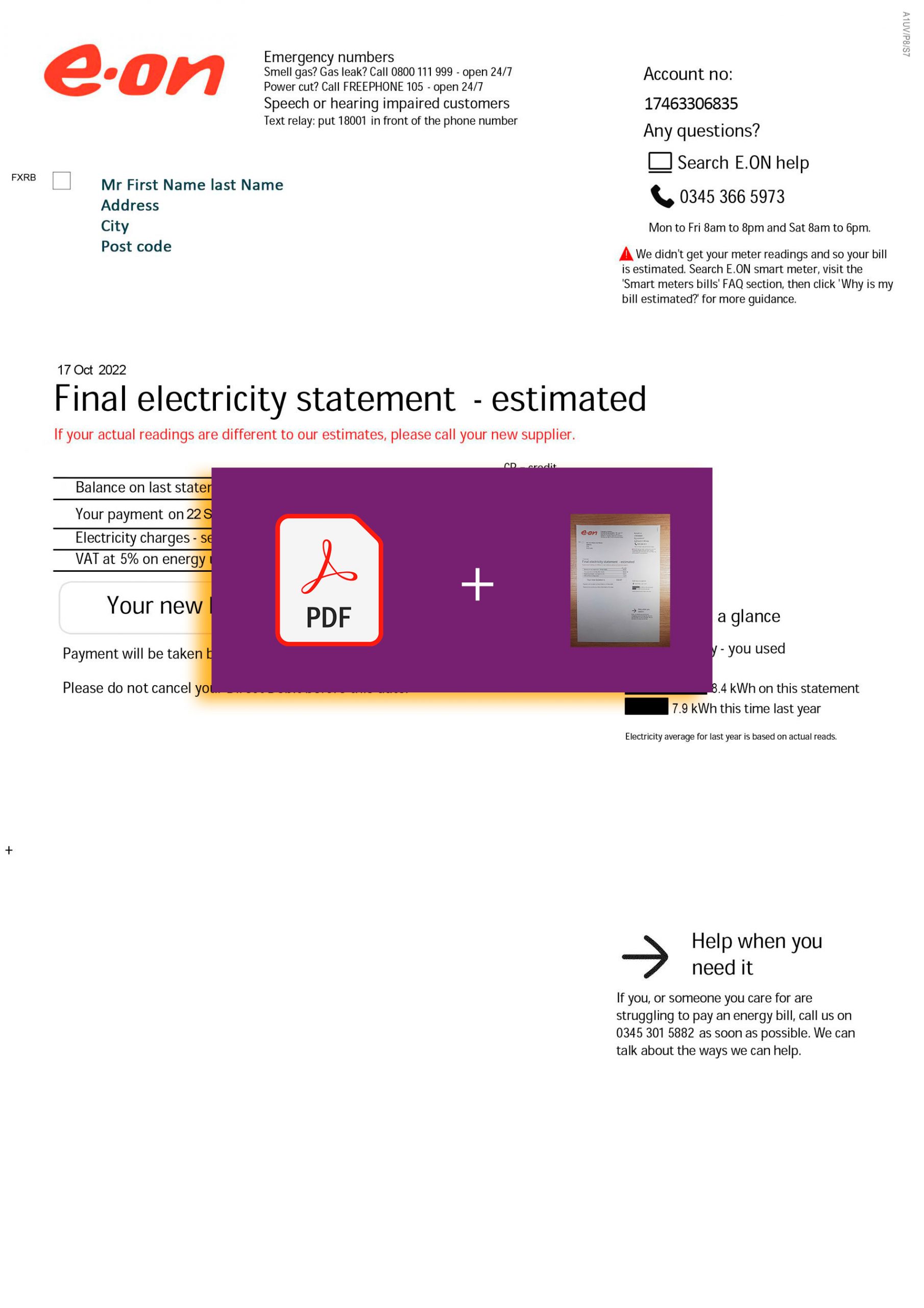 UK EON Electricity utility bill