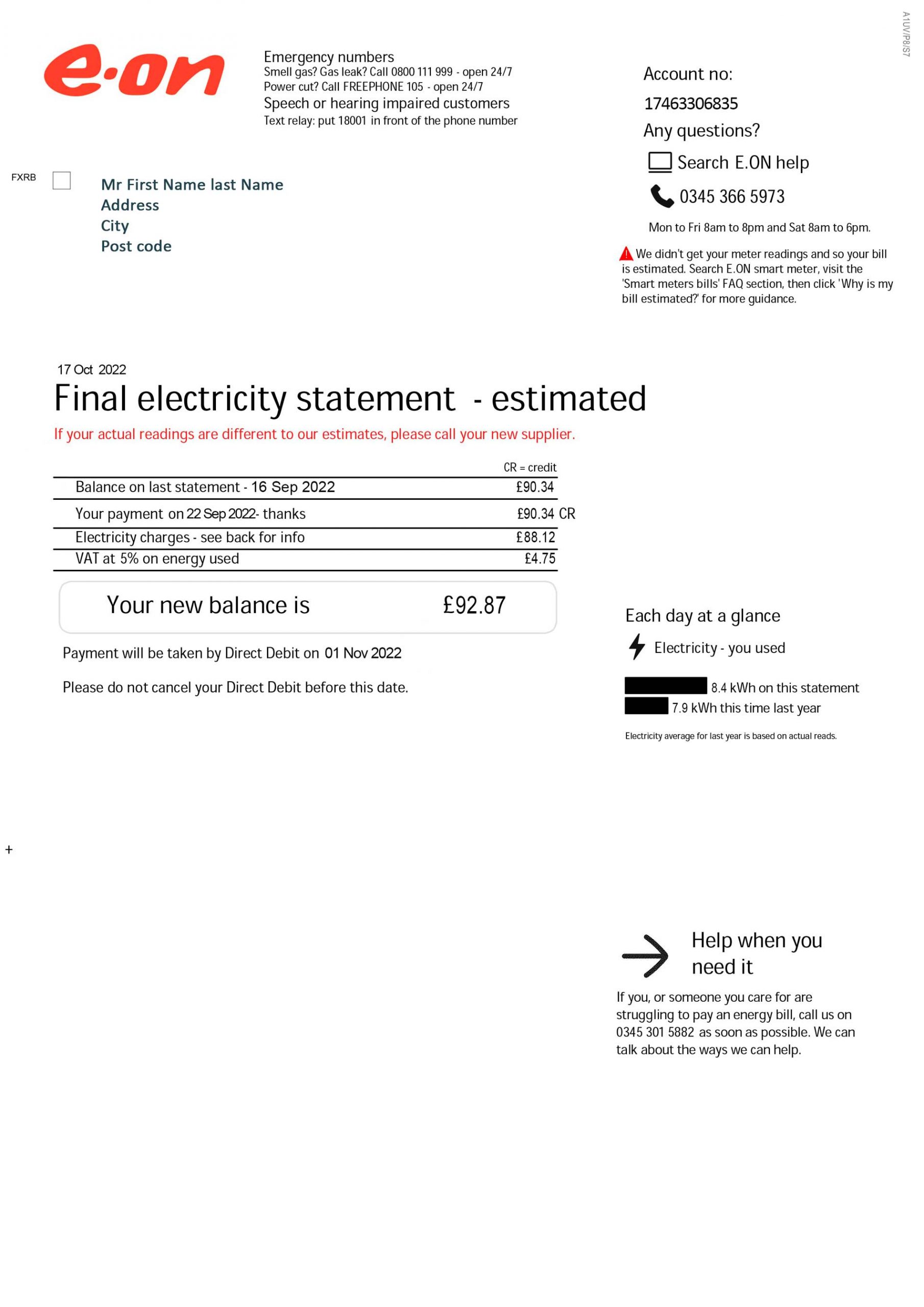 UK utility bill template