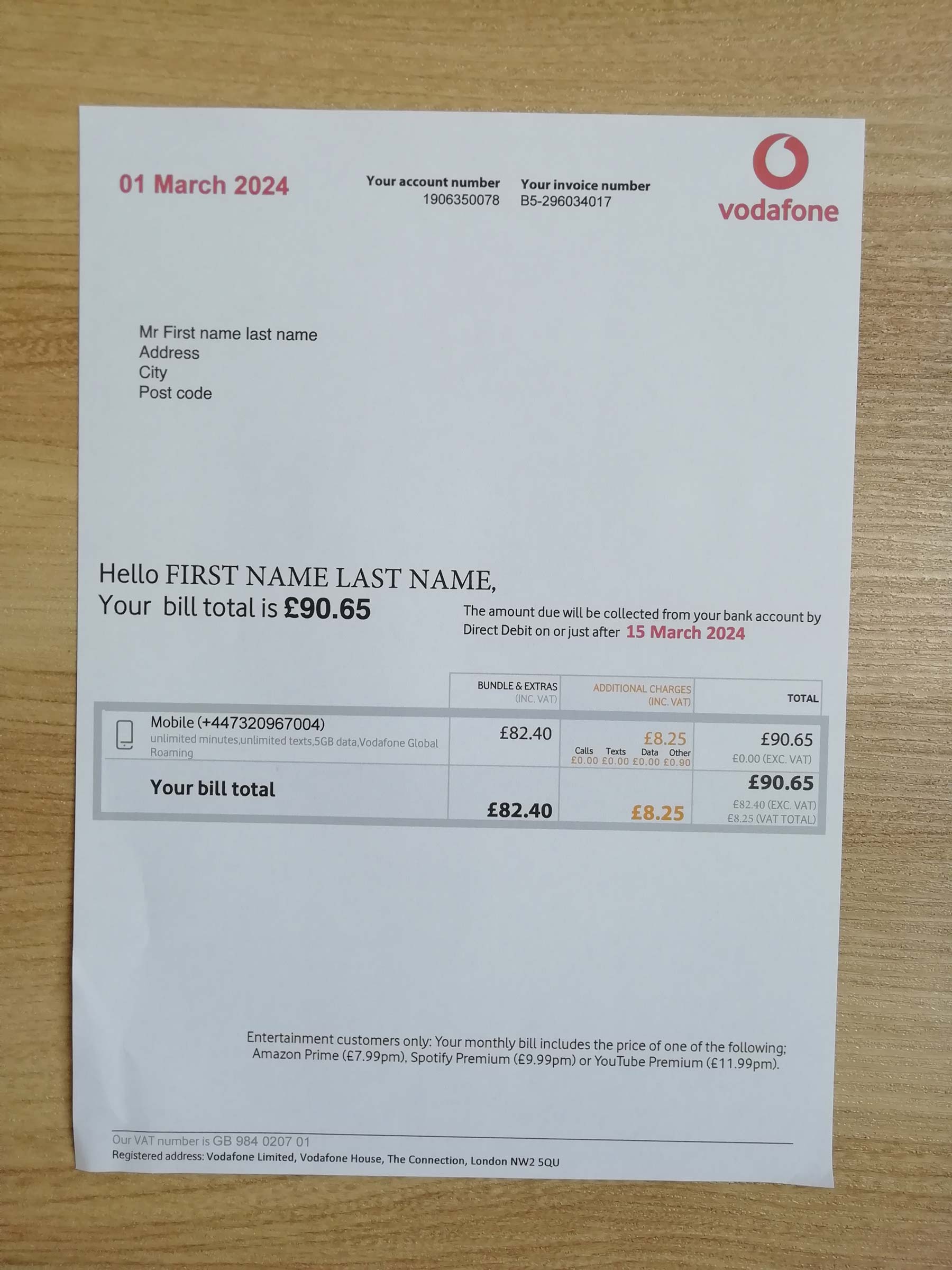 Visual example of printed Vodafone utility bill in {State}