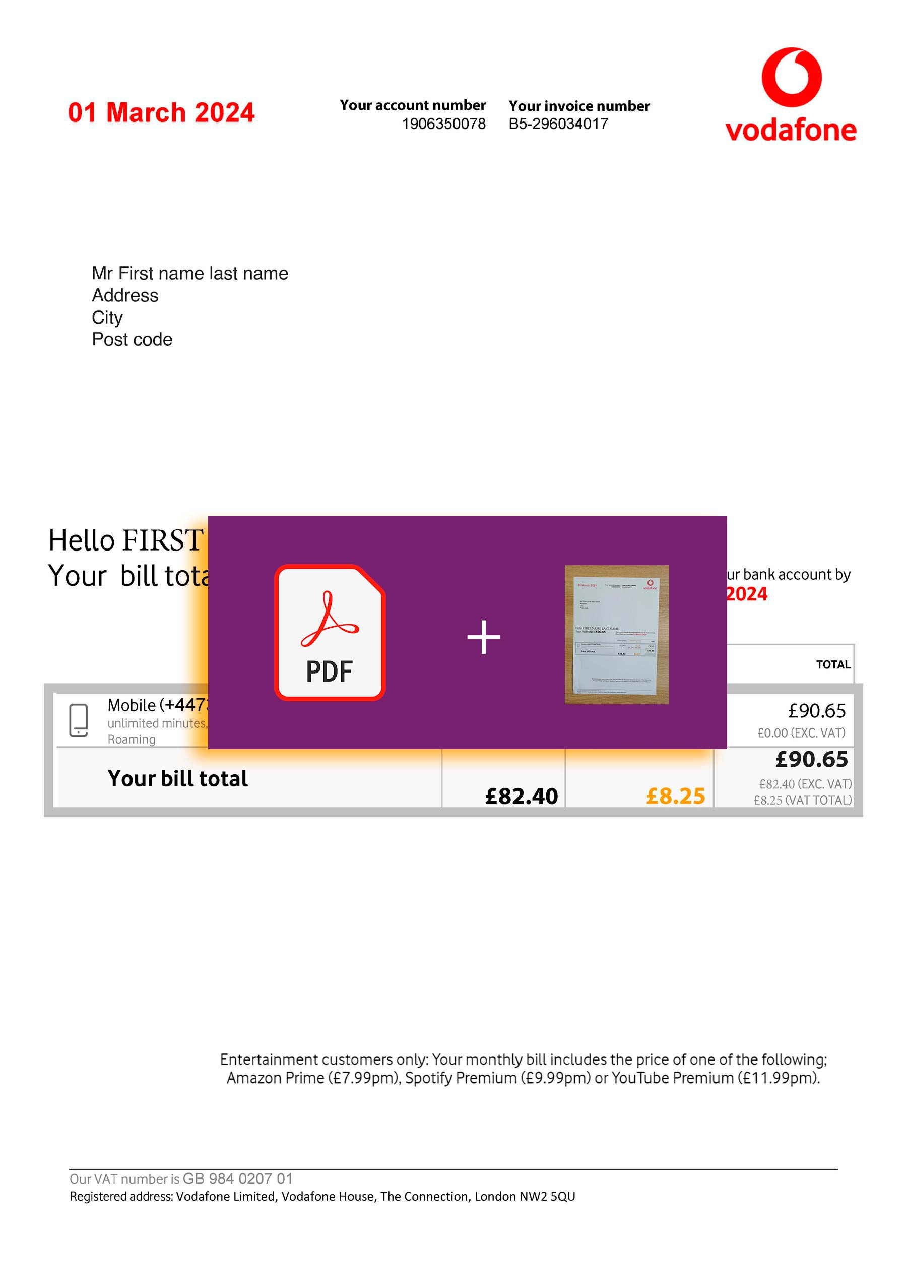 Downloadable {utility type} bill from Vodafone, {State} – banner included