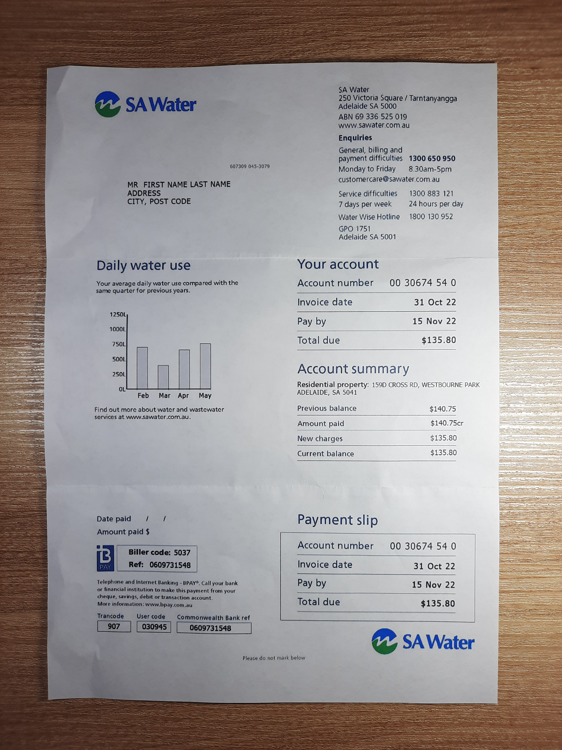 Australia SA Water utility bill template