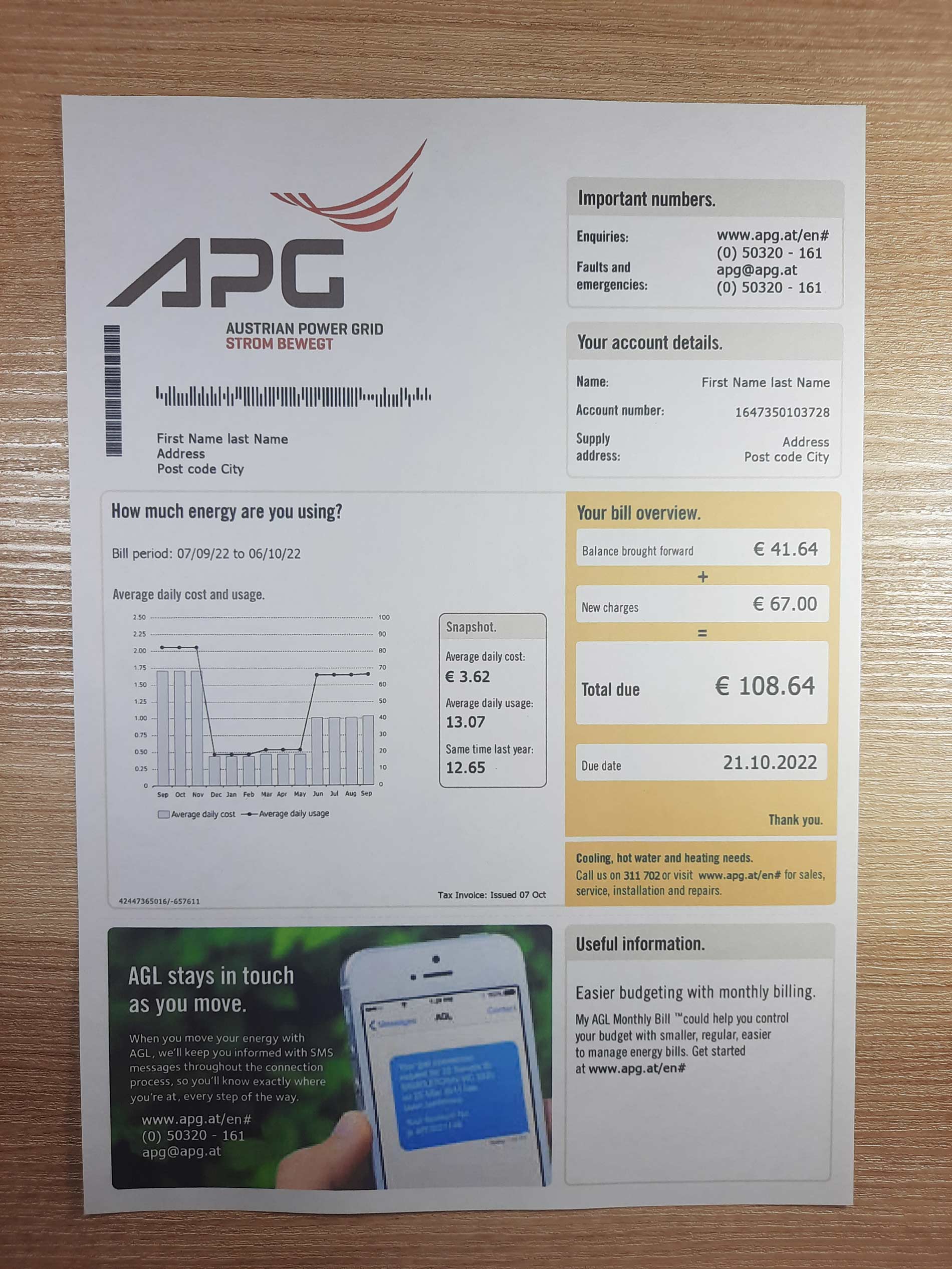 Austria APG utility bill template sample