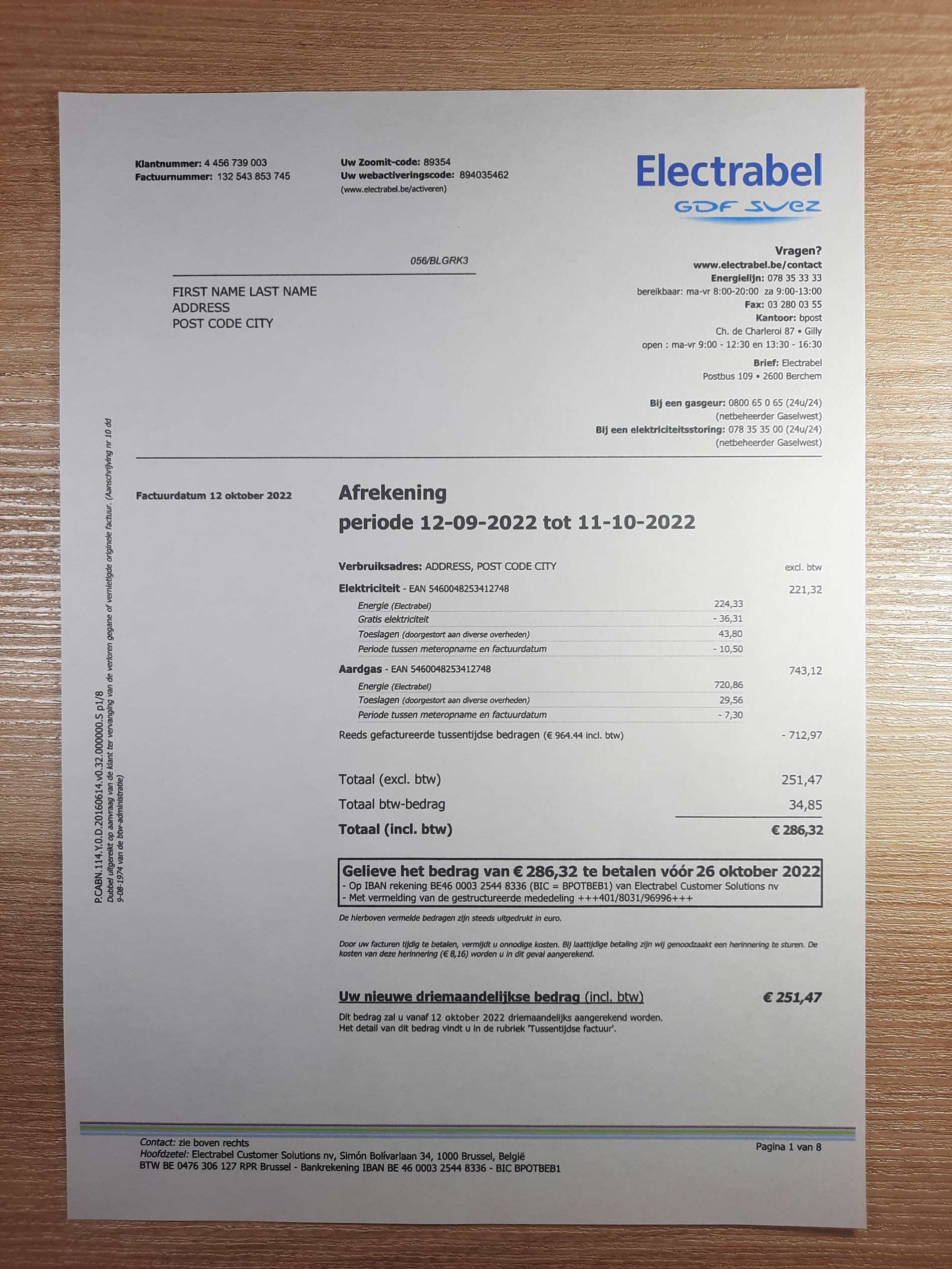 Belgium Electrabel utility bill template sample