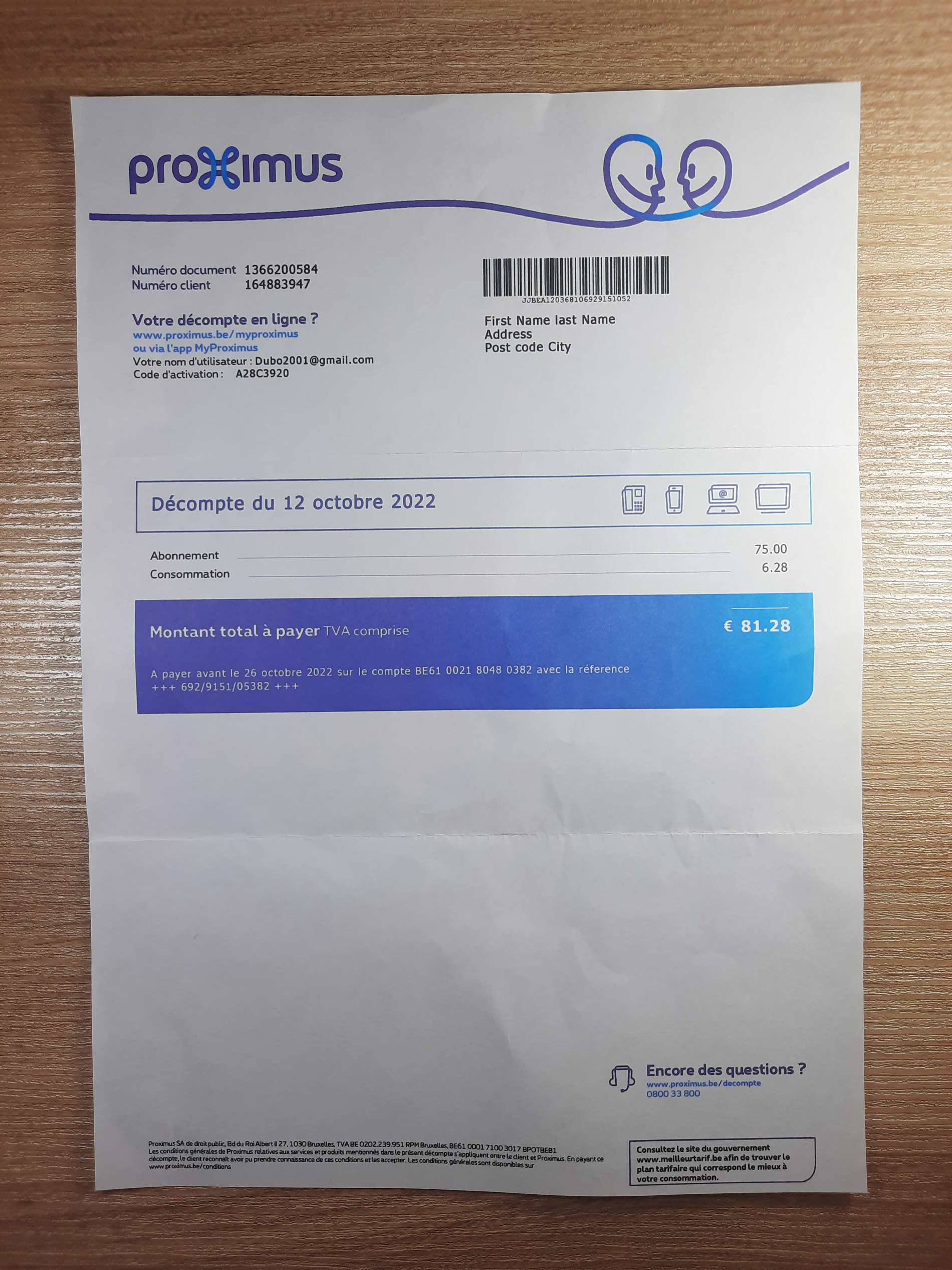 Belgium Proimus utility bill template sample