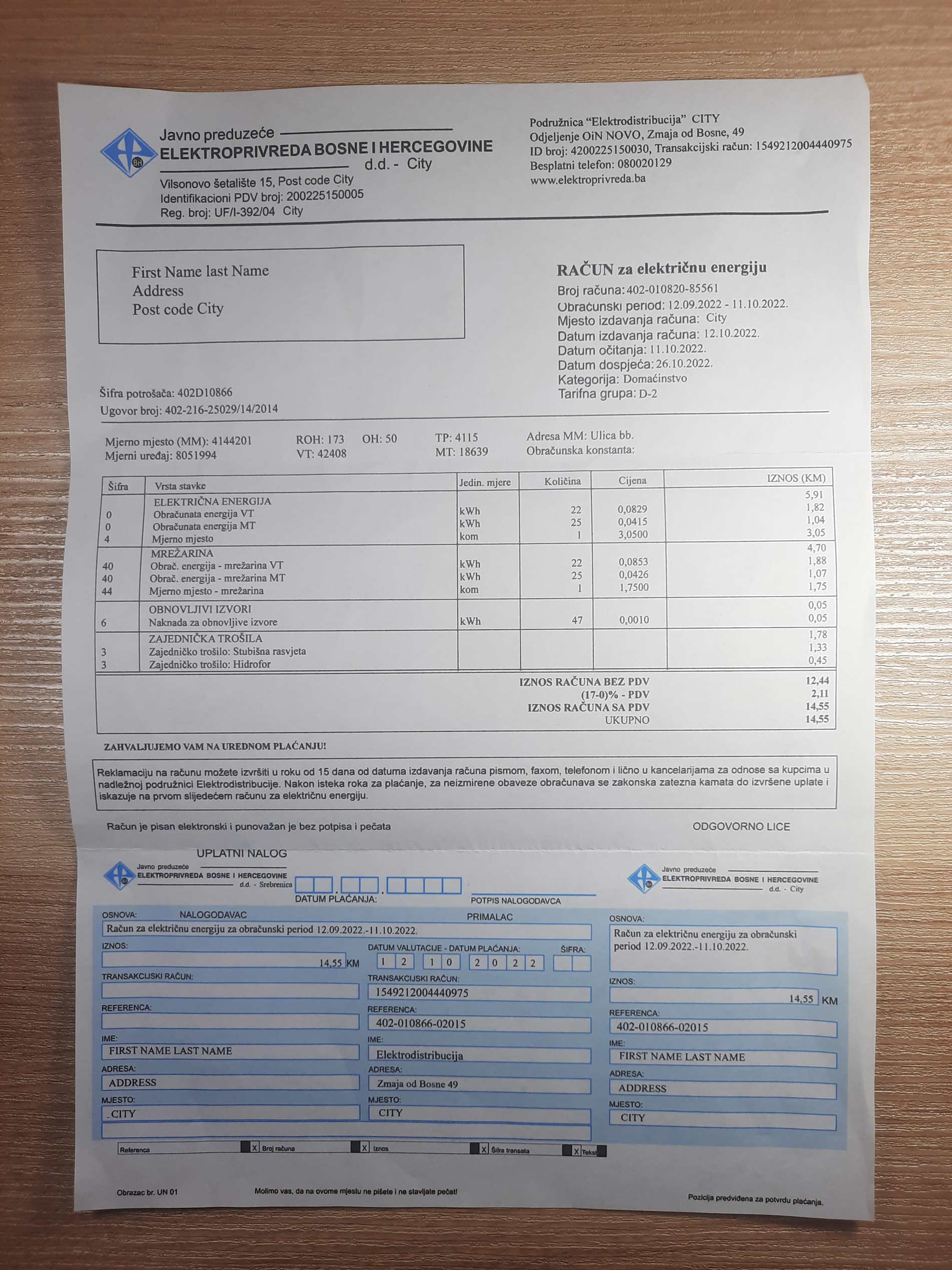 Bosnia and herzegovina electroprivreda utility bill template sample