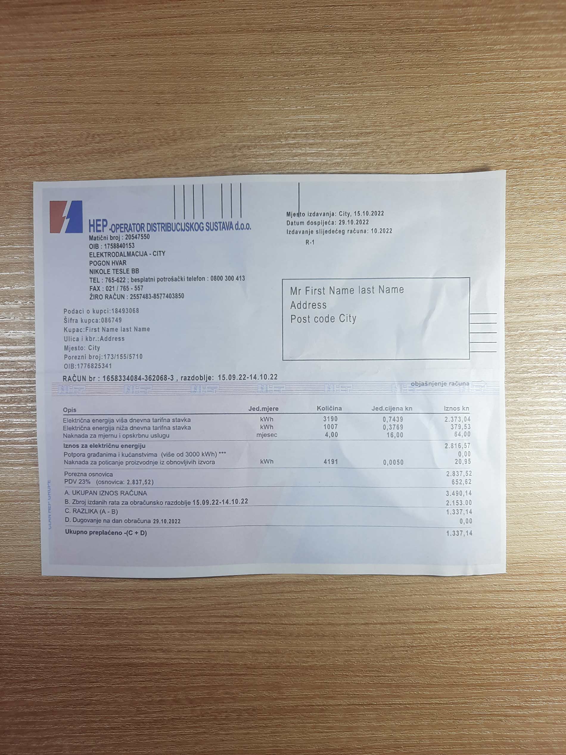 Croatia HEP utility bill template sample
