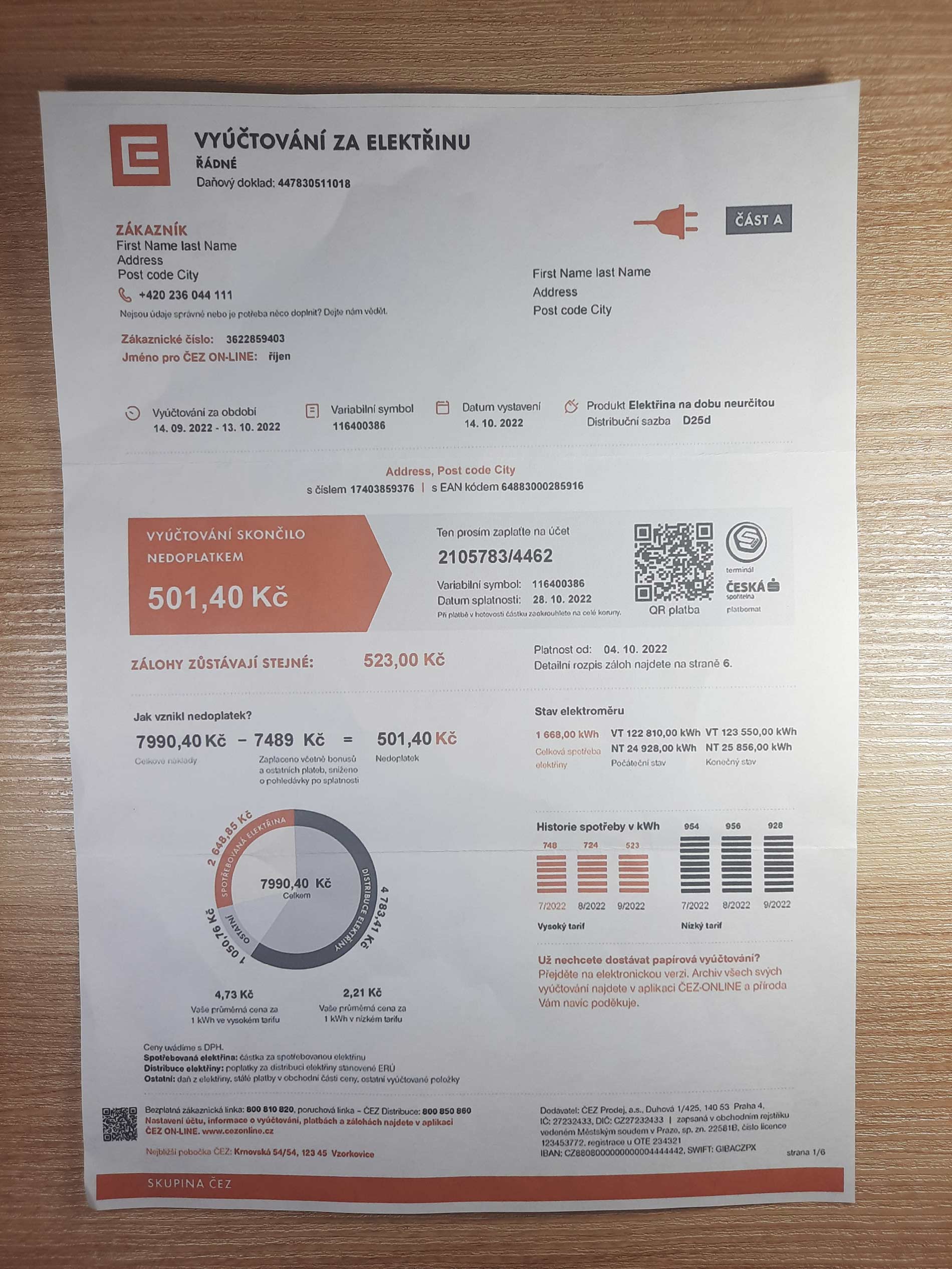 Czech Republic VYUCTOVANI ZA ELEKTRINU utility bill template Sample