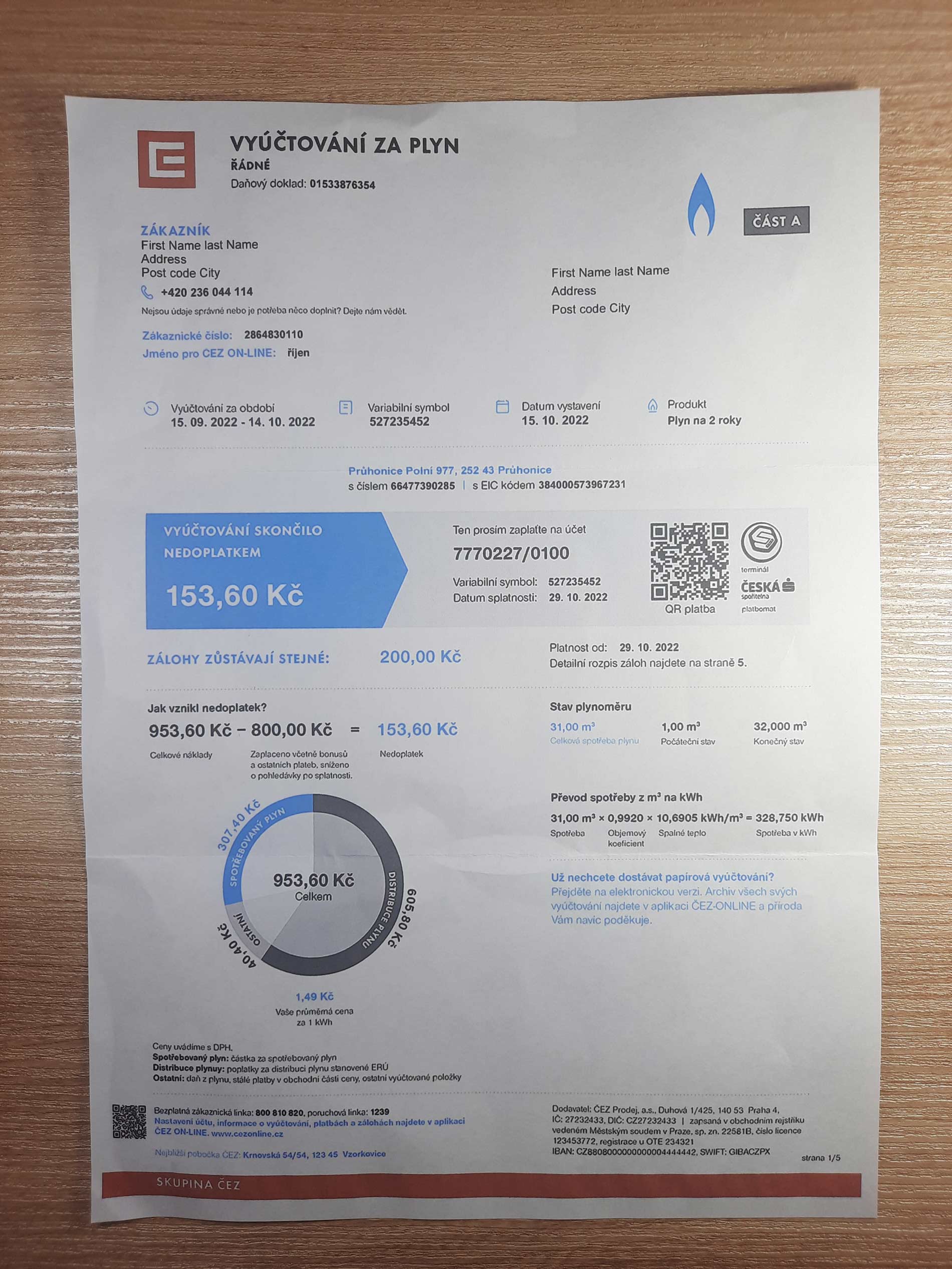 Czech Republic VYUCTOVANI ZA PLYN utility bill template Sample