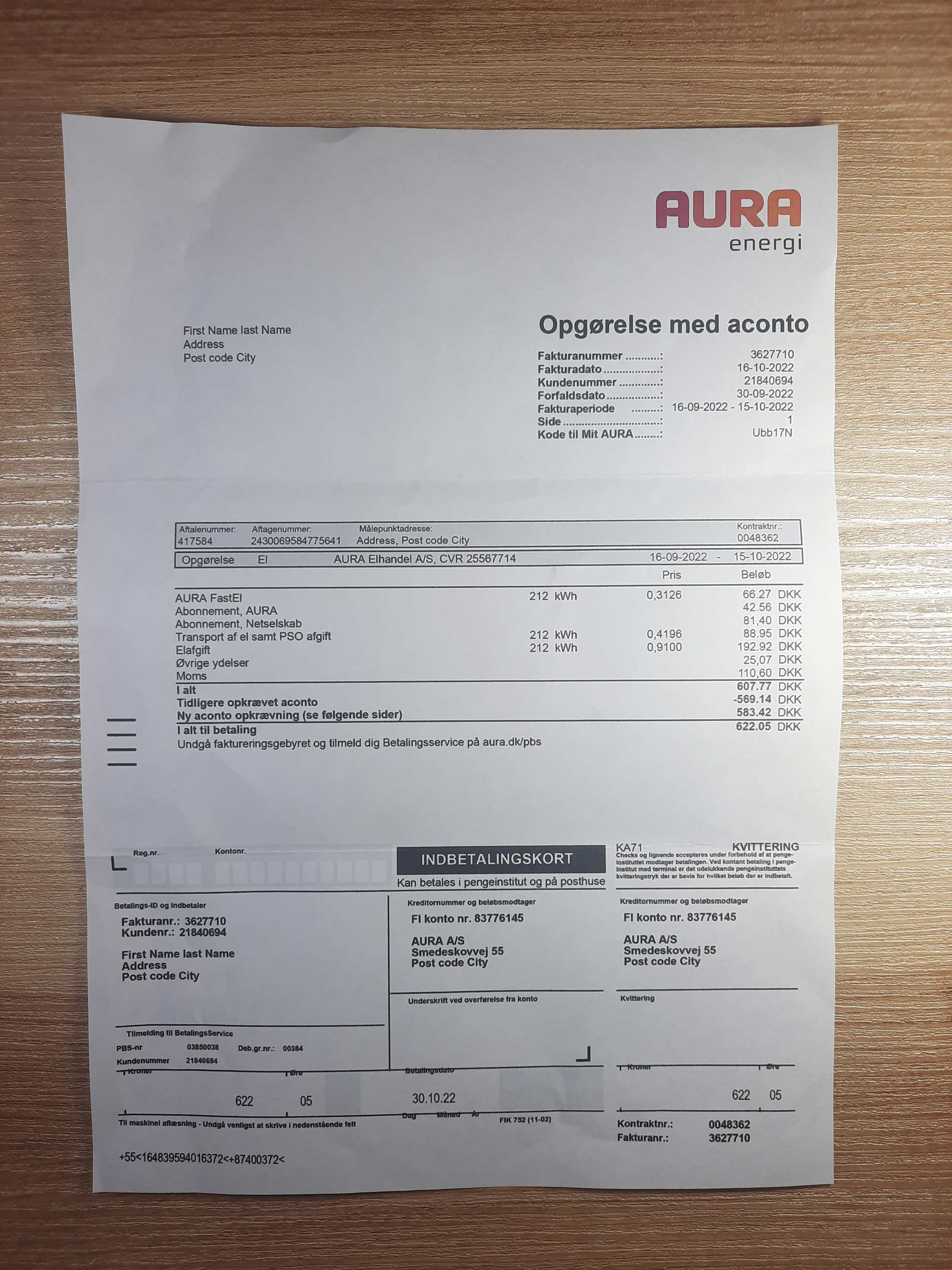 Dansk electricity bill AURA ENERGI utility bill template Sample