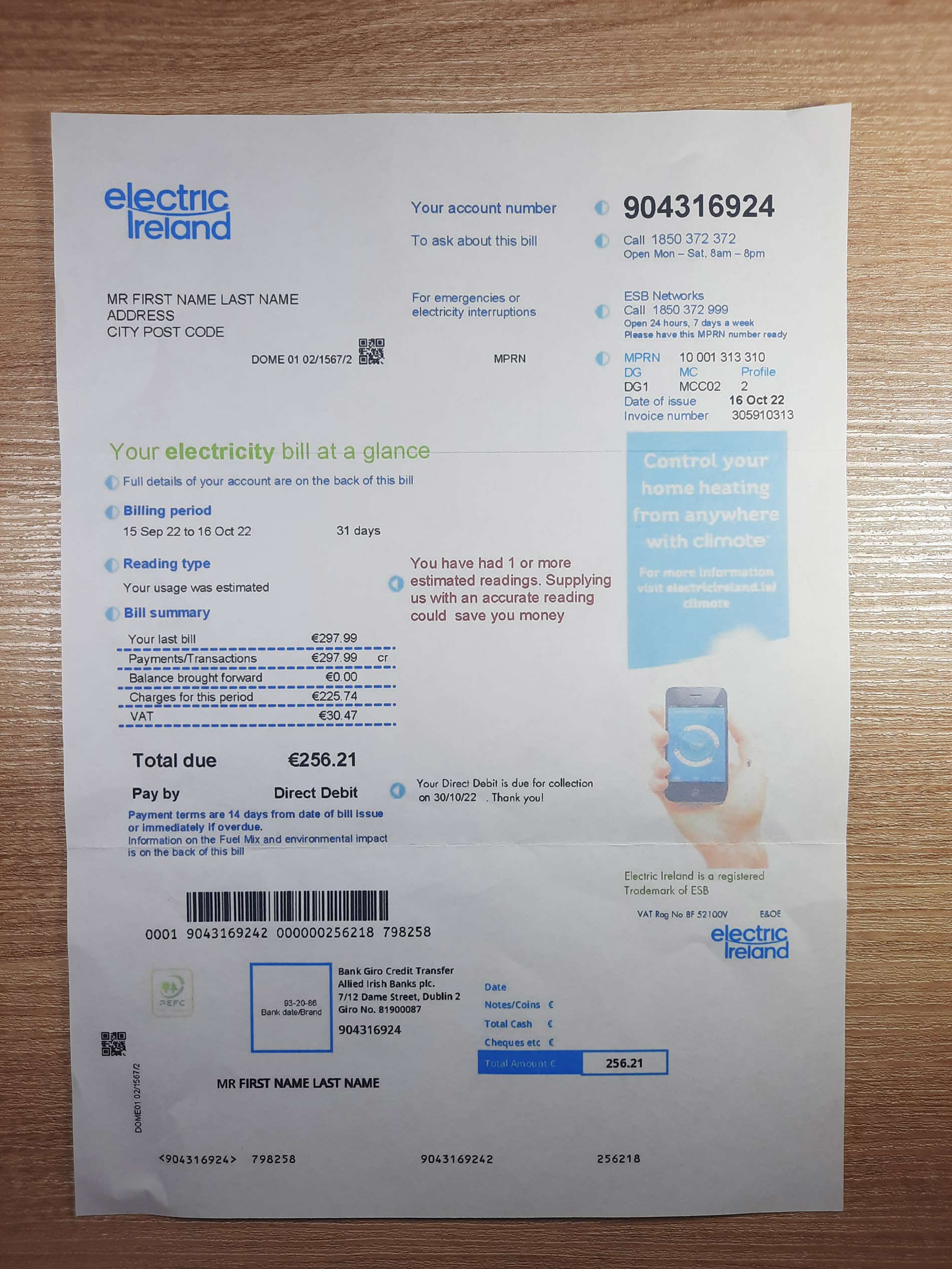Ireland Electric Ireland utility bill template sample