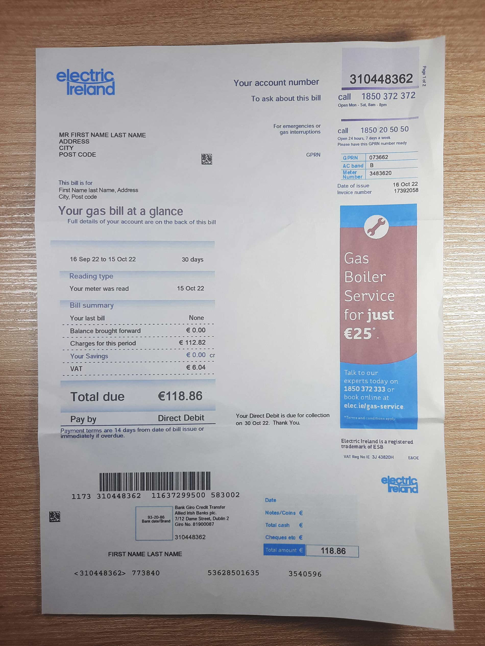 Electric Ireland utility bill template Sample